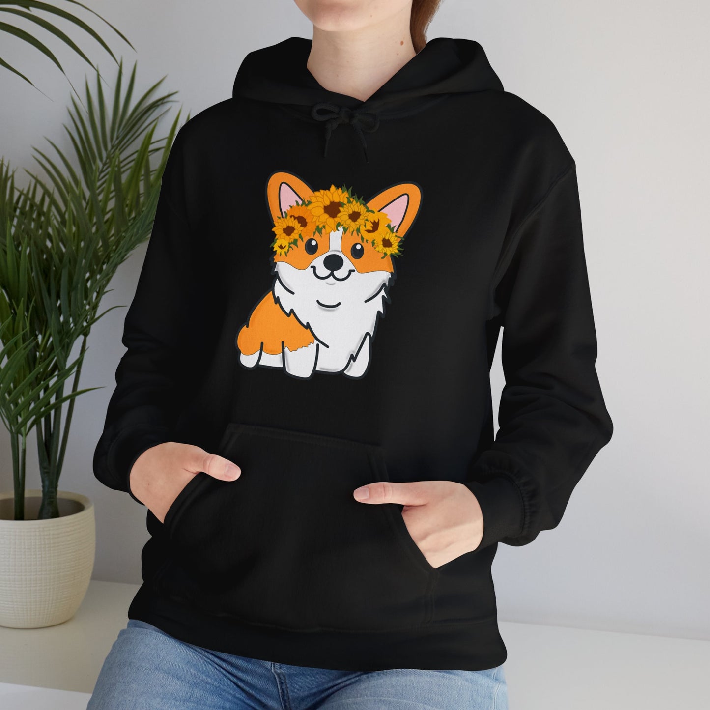 Corgi Sunflower Crown Hoodie| | Pembroke Welsh Corgi Sweatshirt | Corgi Sweater | Dog Lover Gifts | Dog Graphic Hooded Sweatshirt