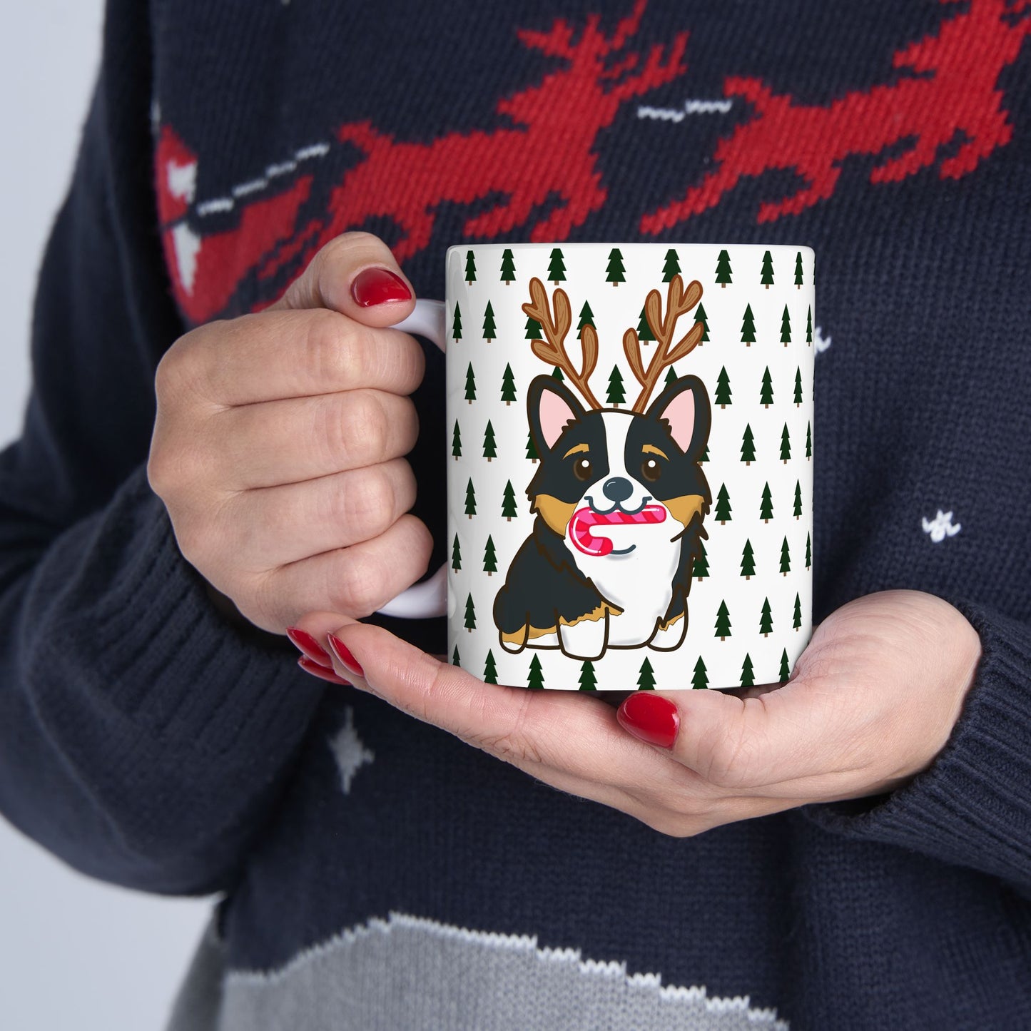 Christmas corgi mug | Dog Lover Gift | Dog Ceramic Mug | Christmas Animal Mug | Hot Cocoa Mug | Black Tri Color Corgi