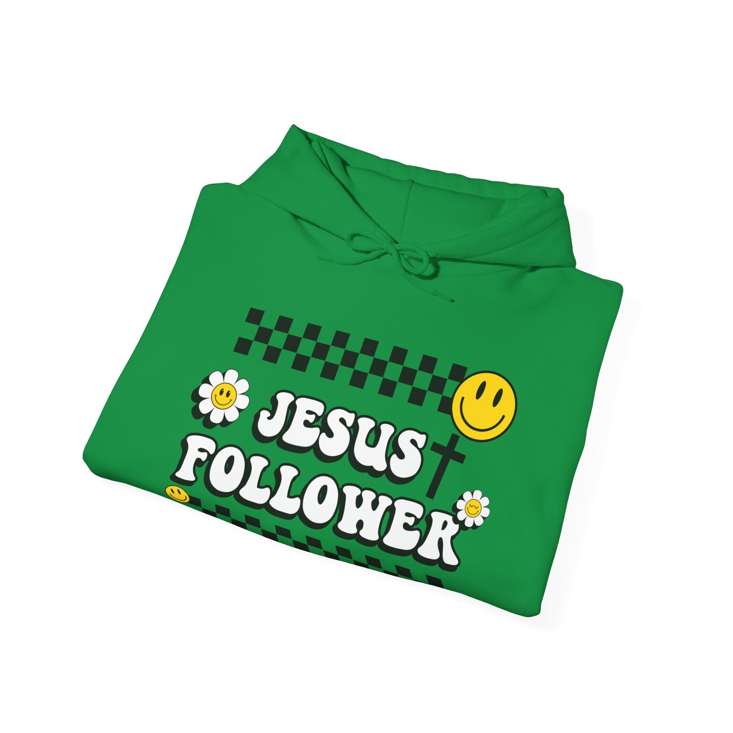 Jesus Follower Groovy Vibes Happy Face Hooded Sweatshirt - Christian Apparel, Retro Religious Clothing, Positive Graphic Hoodie