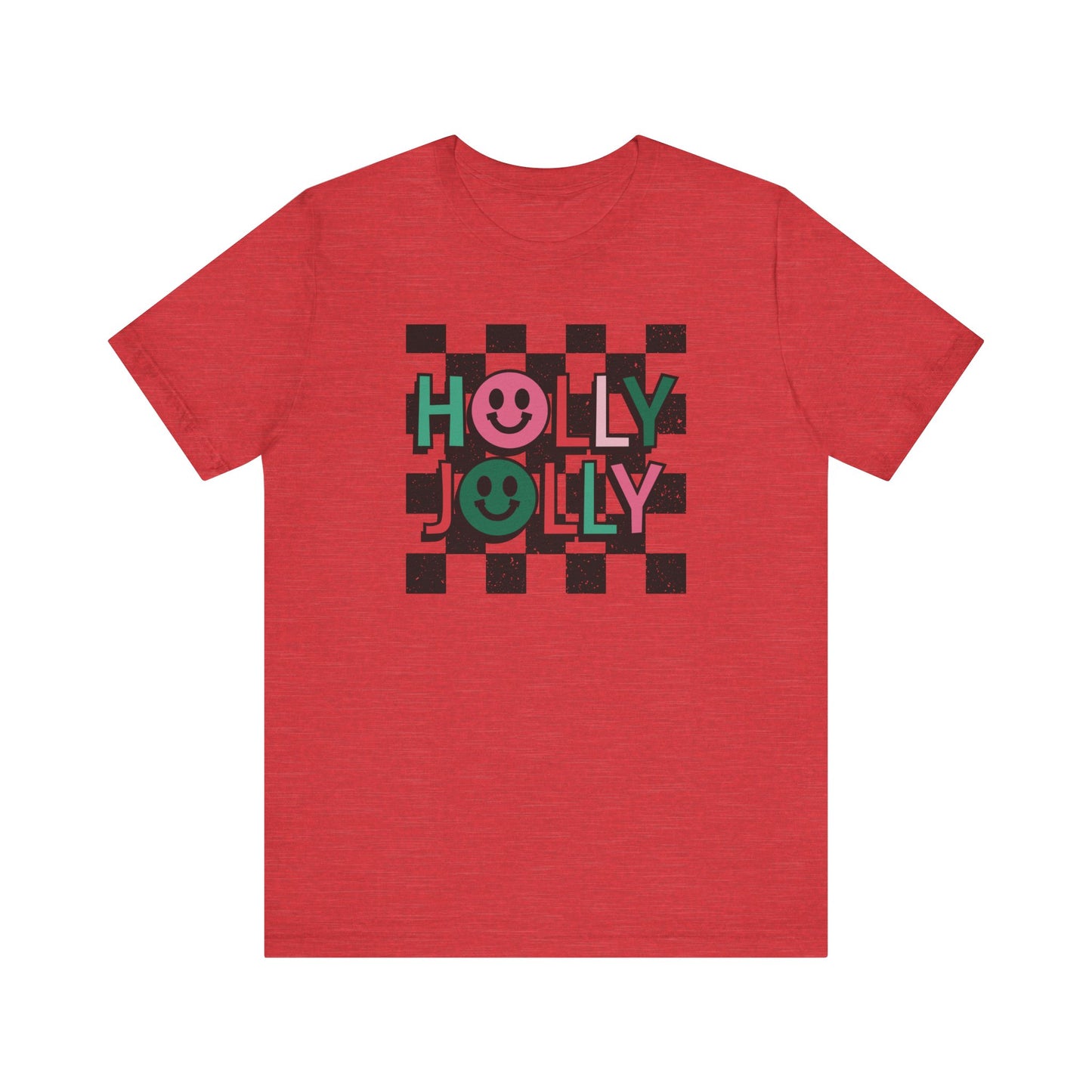 Holly Jolly Happy Face Holiday Short Sleeve Tee | Ladies Christmas Shirt Adult Christmas Shirts | Pink Christmas