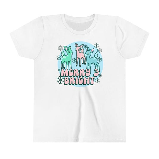 KIDS Merry and Bright Reindeer Pink Christmas Youth Size Shirt | Festive Holiday Apparel for Mom and Daughter | Christmas Girls Tee