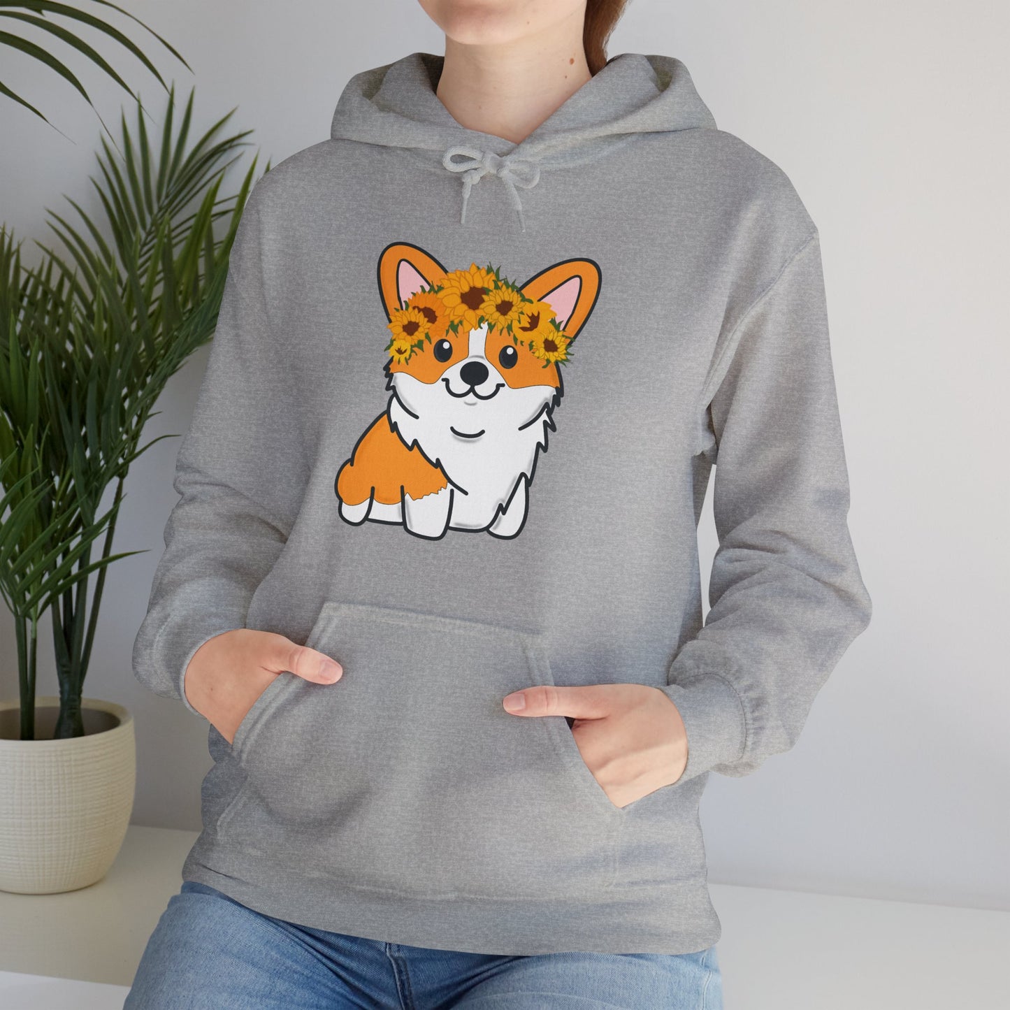 Corgi Sunflower Crown Hoodie| | Pembroke Welsh Corgi Sweatshirt | Corgi Sweater | Dog Lover Gifts | Dog Graphic Hooded Sweatshirt