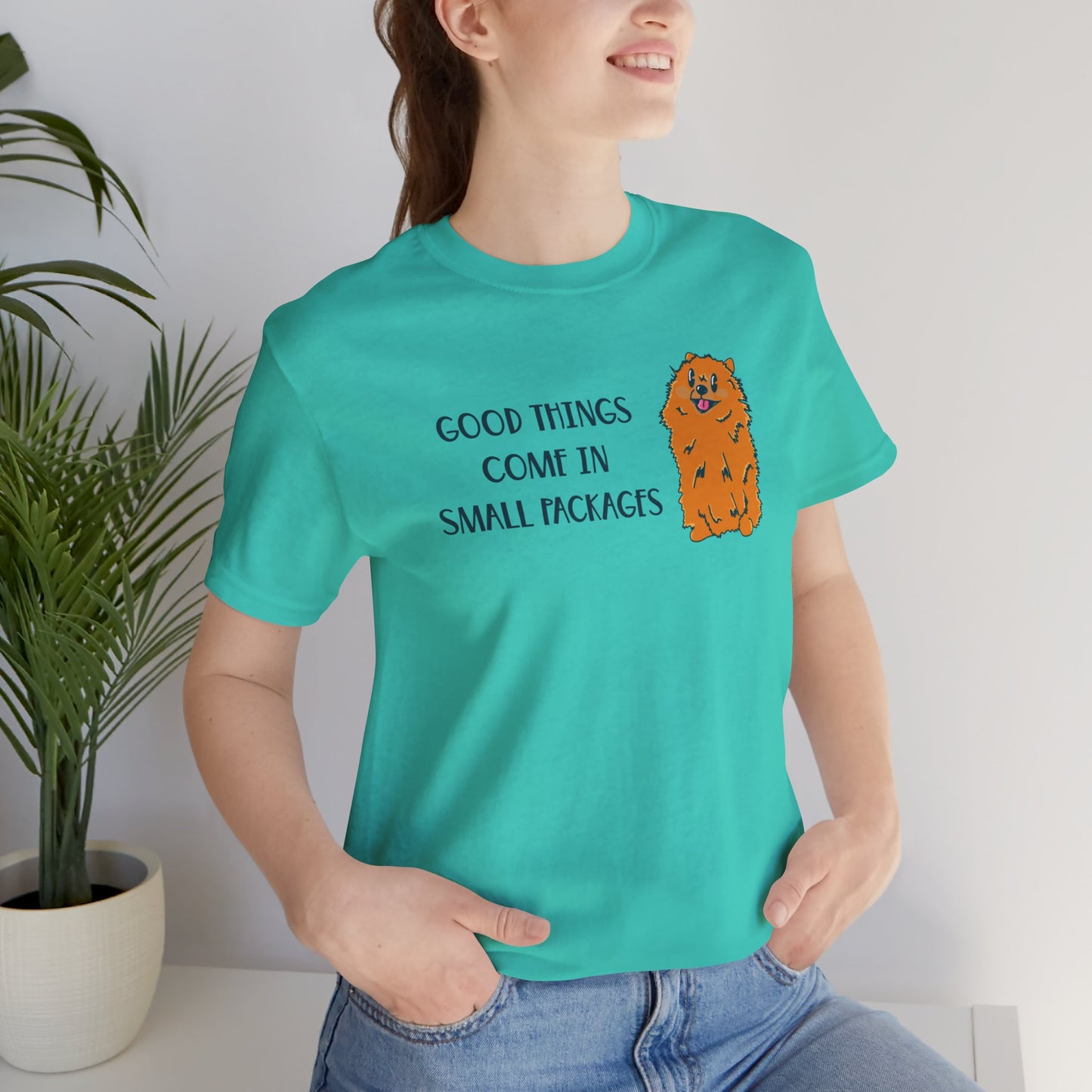 Good Things Come in Small Packages Pomeranian Dog Graphic Tee | Short People Humor | Dog Lover Gifts | Pomeranian Owner Shirt