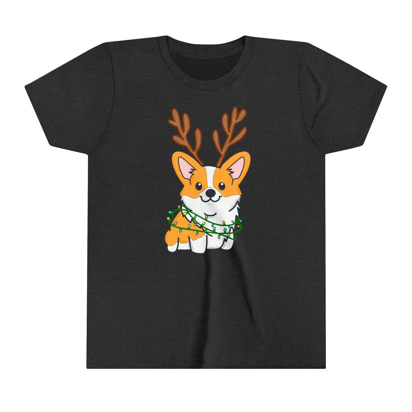 Kids Christmas Corgi Youth Short Sleeve Tee | Reindeer Holiday Kids Tee | Dog Xmas Tee