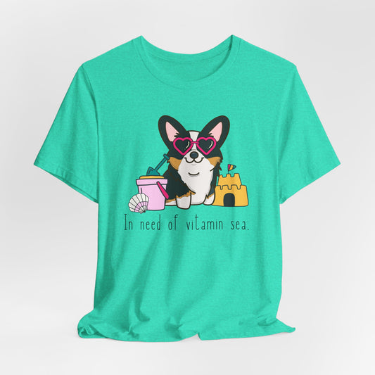 Black Corgi Beach Theme Shirt - 'In Need of Vitamin Sea' Graphic Tee, Cute Corgi Lover Apparel, Dog Owner Gift, Summer Vacation T-Shirt