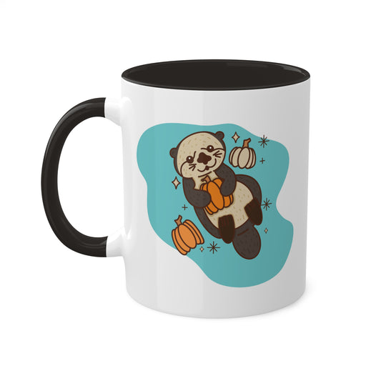 Sea Otter Pumpkin Fall Spooky Season Coffee Mug with color inside and color handles