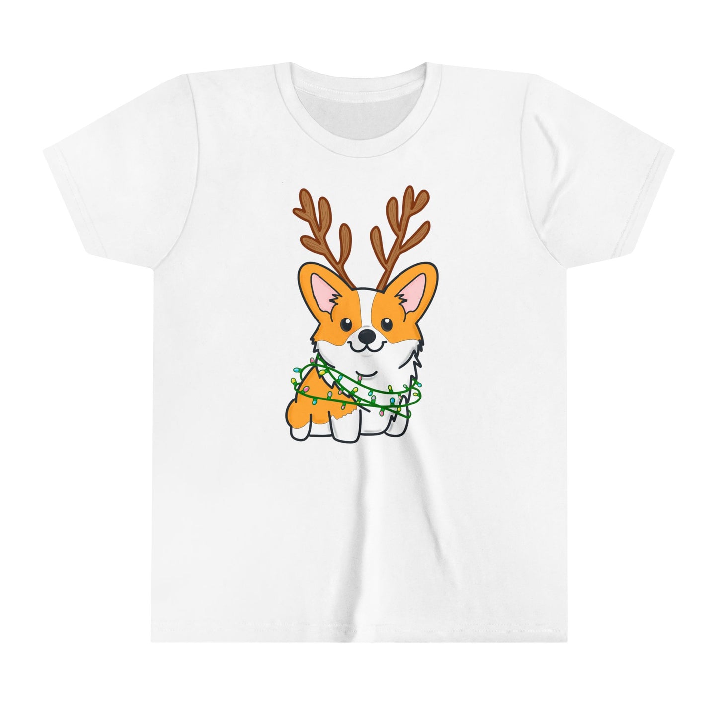 Kids Christmas Corgi Youth Short Sleeve Tee | Reindeer Holiday Kids Tee | Dog Xmas Tee