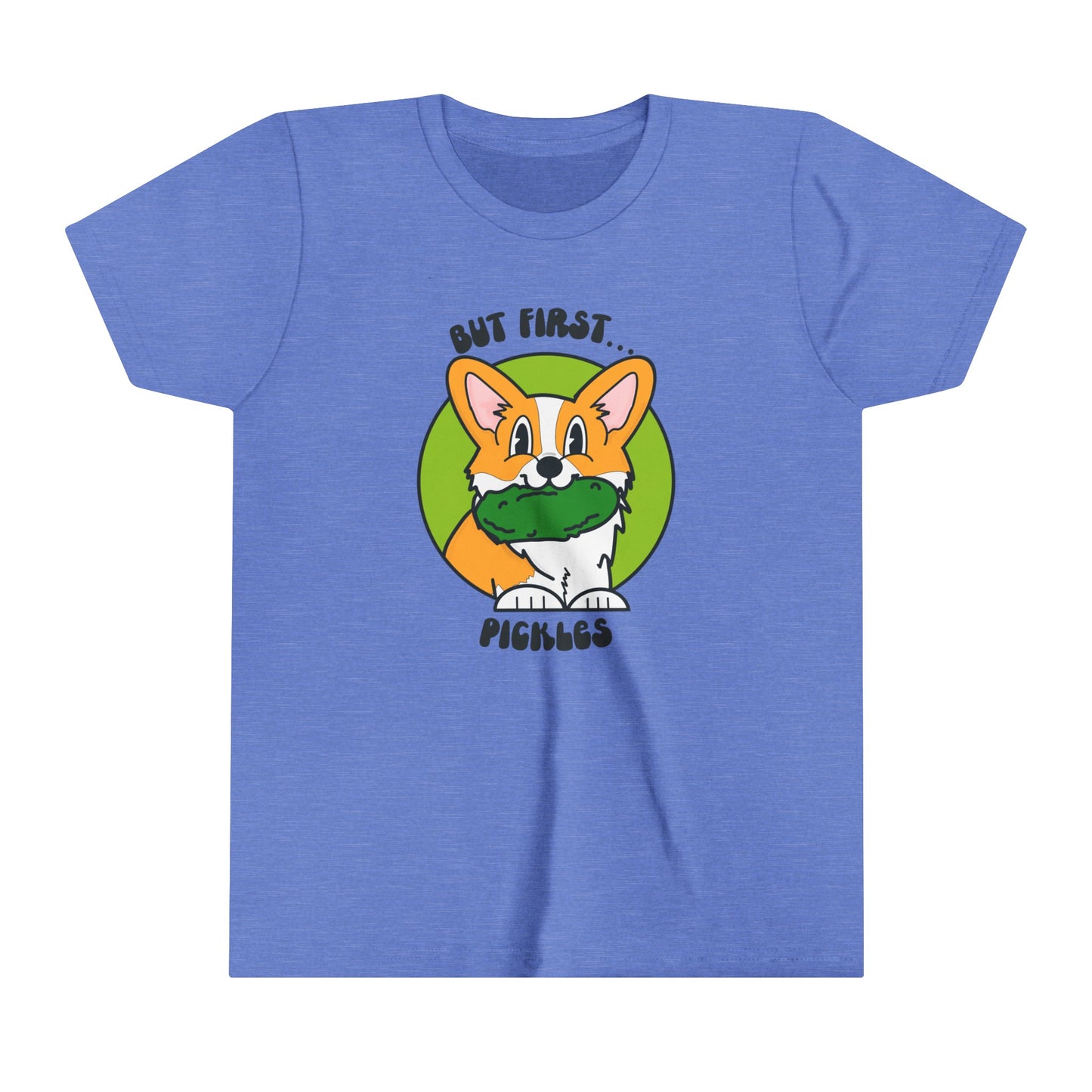 Corgi Pickle Lover Graphic Kids Size Tee | But First Pickles Youth Tee | Foodie Shirt for Pickle Enthusiasts | Pickle Gifts