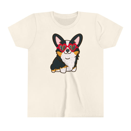Black Corgi Heart Sunglasses Youth Graphic Tee | Cute Dog Lover Shirt | Kids' Casual Wear | Pet-Themed Children's Tee