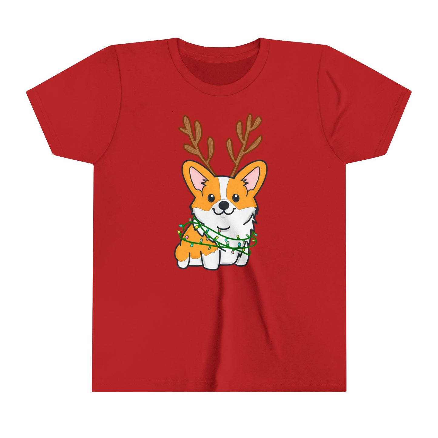 Kids Christmas Corgi Youth Short Sleeve Tee | Reindeer Holiday Kids Tee | Dog Xmas Tee