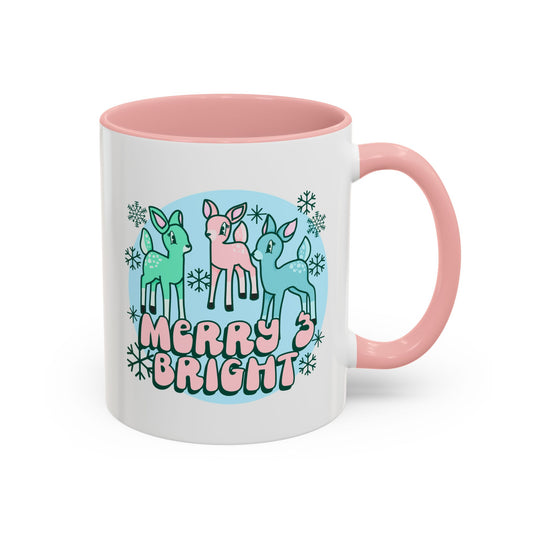 Merry and Bright Reindeer Pink Holiday Coffee Mug 11oz/15oz