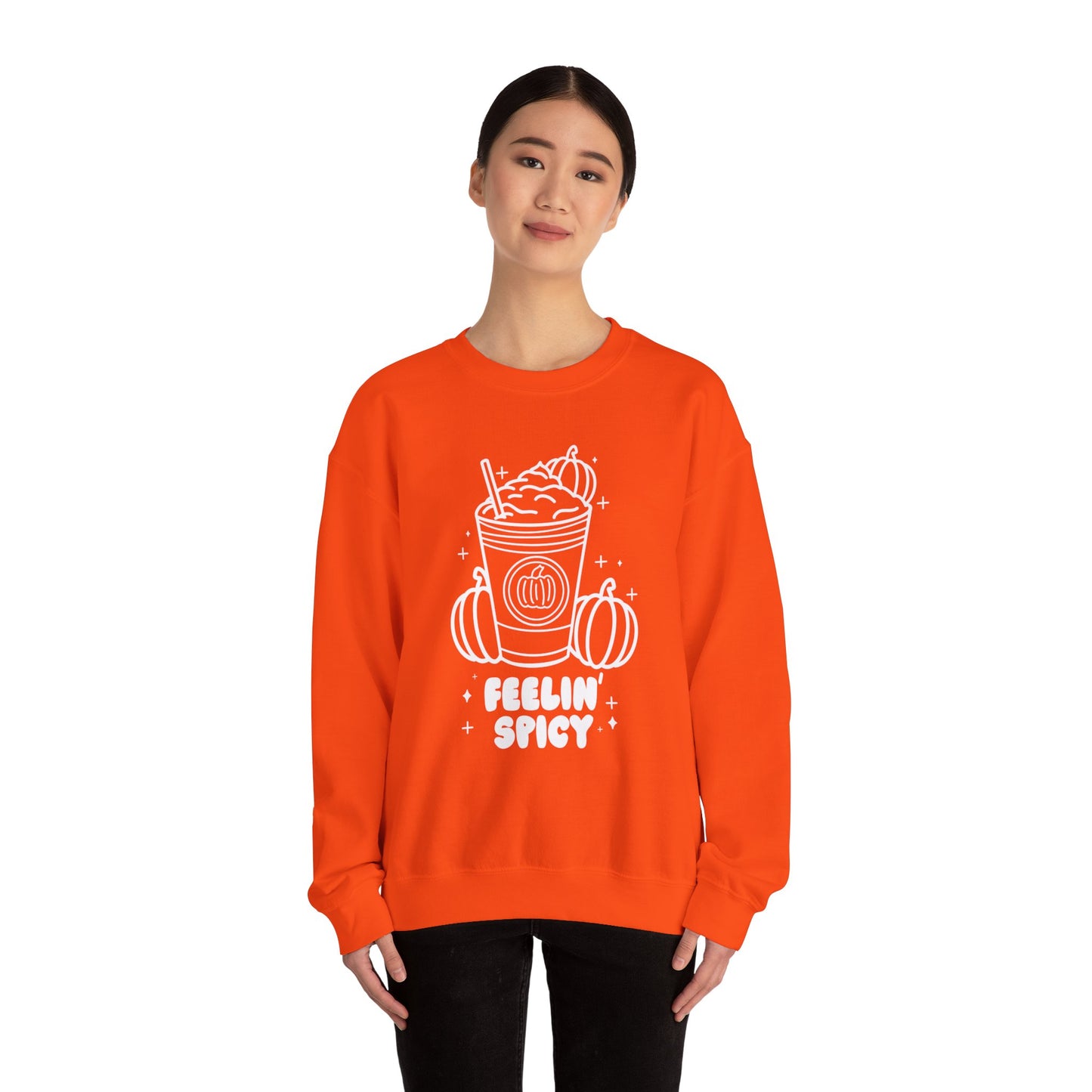 Feelin' Spicy PSL Spooky Season Pullover Sweatshirt | Pumpkin Spice Latte Crewneck Adult Unisex Fit Sweatshirt