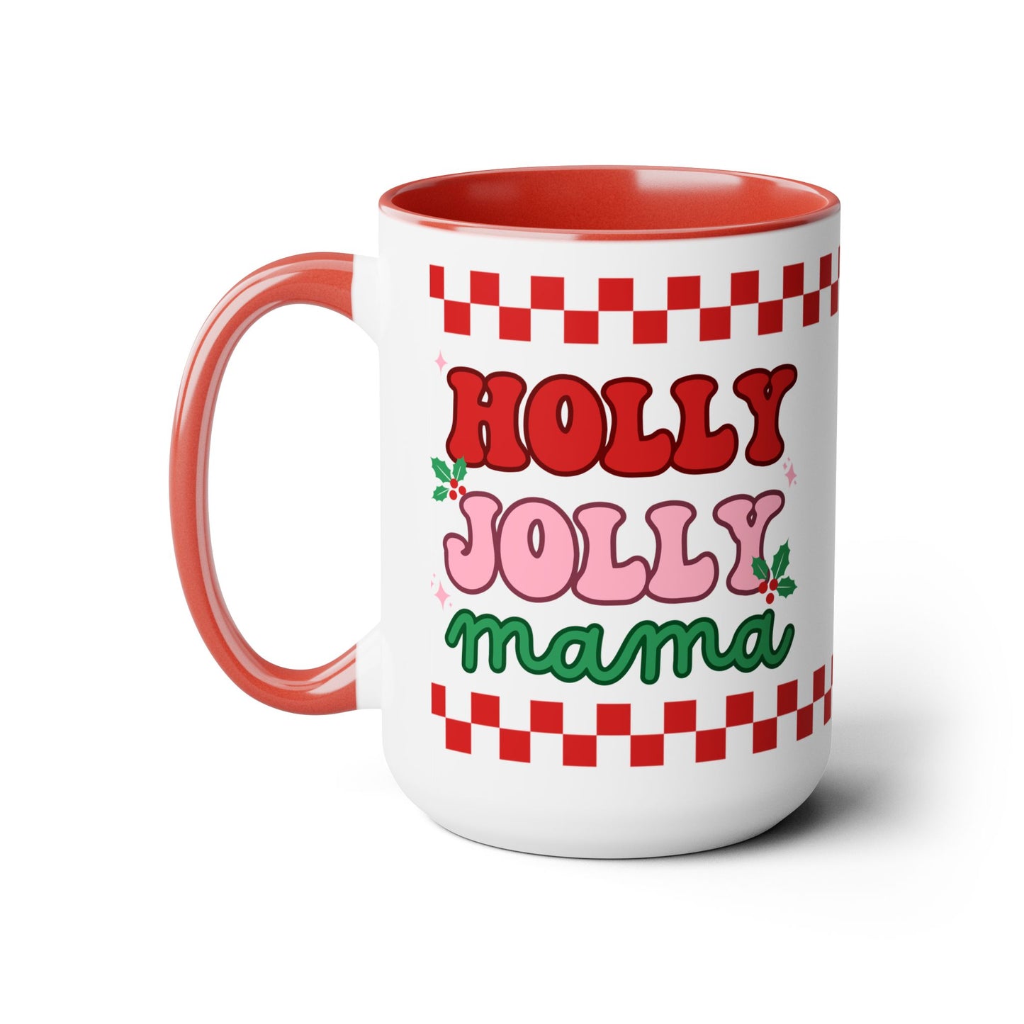 Holly Jolly Mama Christmas Coffee Mug | Retro Pink Christmas Mom Mug | Gifts for Mom | Mama Mug | Mom Drinkware | Motherhood Gifts