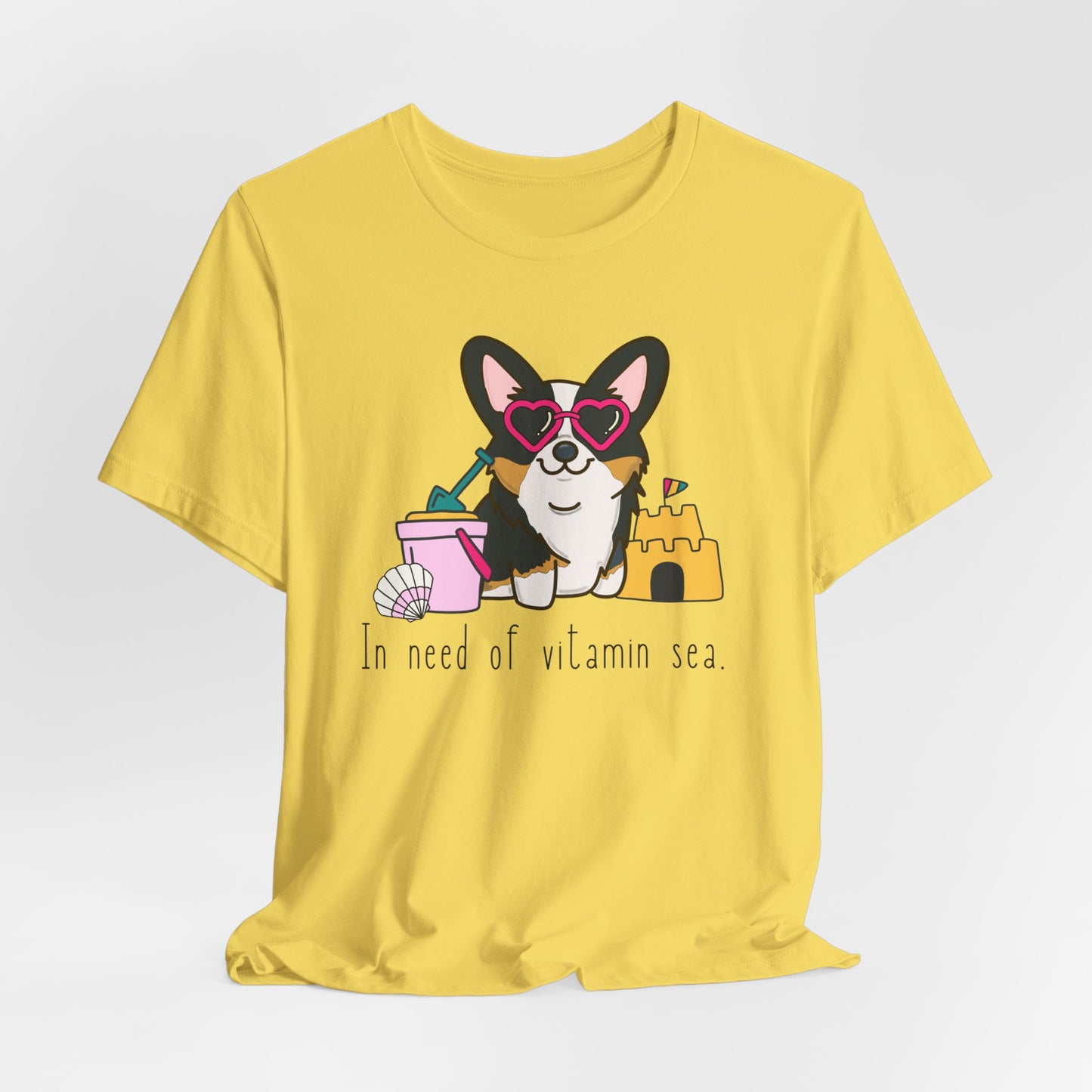 Black Corgi Beach Theme Shirt - 'In Need of Vitamin Sea' Graphic Tee, Cute Corgi Lover Apparel, Dog Owner Gift, Summer Vacation T-Shirt