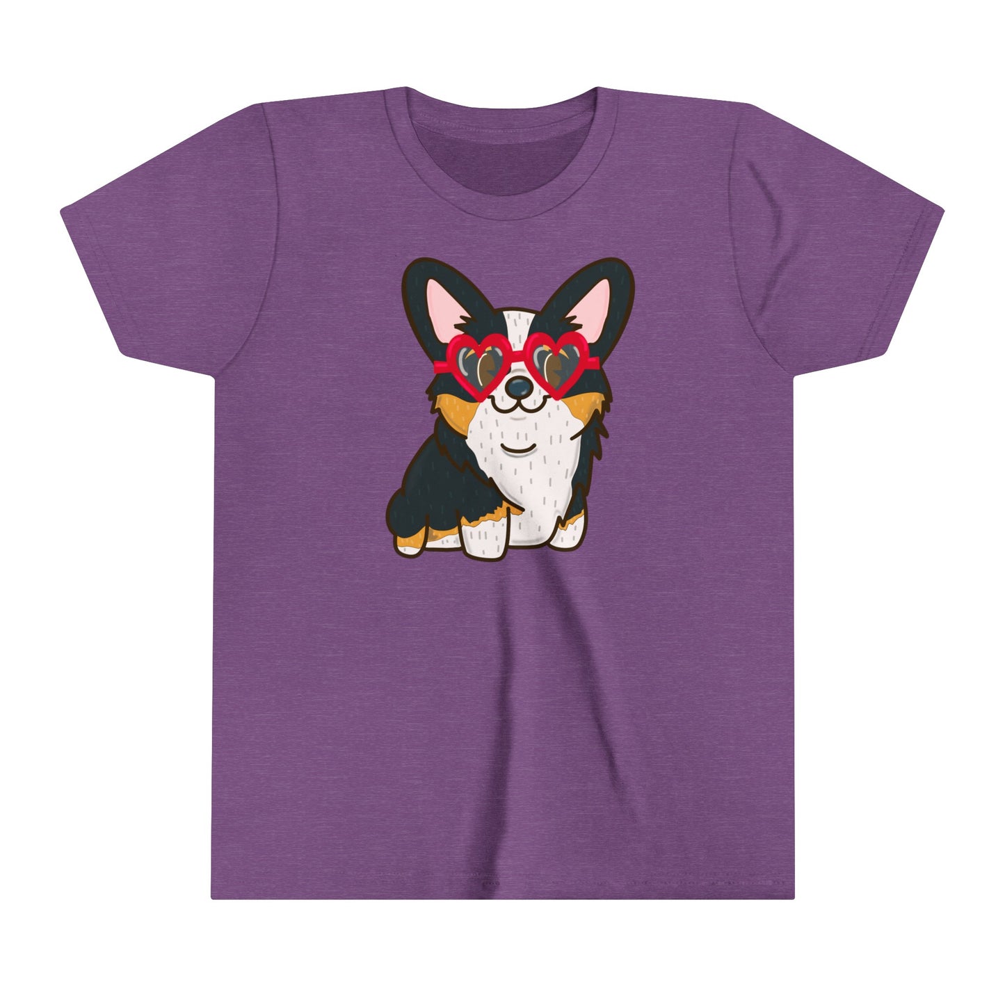 Black Corgi Heart Sunglasses Youth Graphic Tee | Cute Dog Lover Shirt | Kids' Casual Wear | Pet-Themed Children's Tee