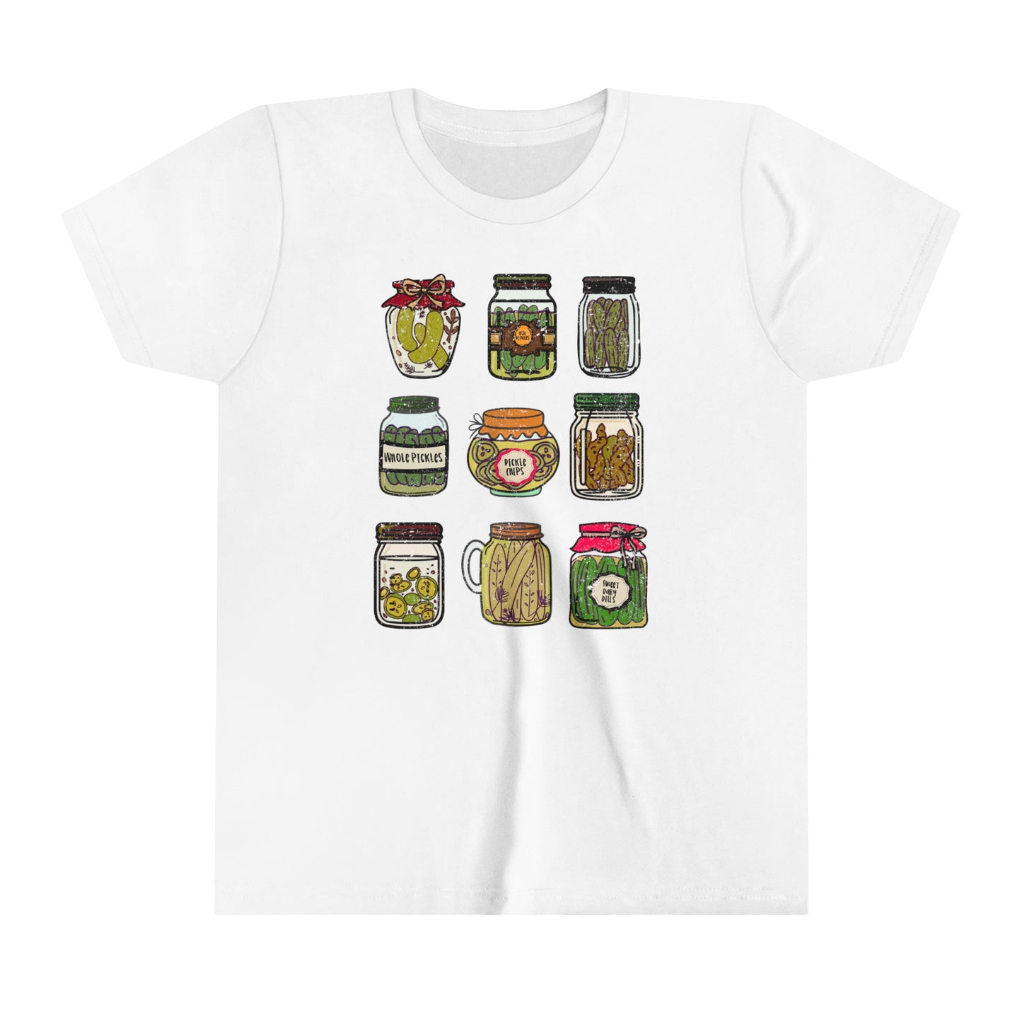 Pickle Lover's Graphic Kids Size Tee | Assorted Pickle Jar Design Youth Tee | Foodie Shirt for Pickle Enthusiasts | Pickle Gifts