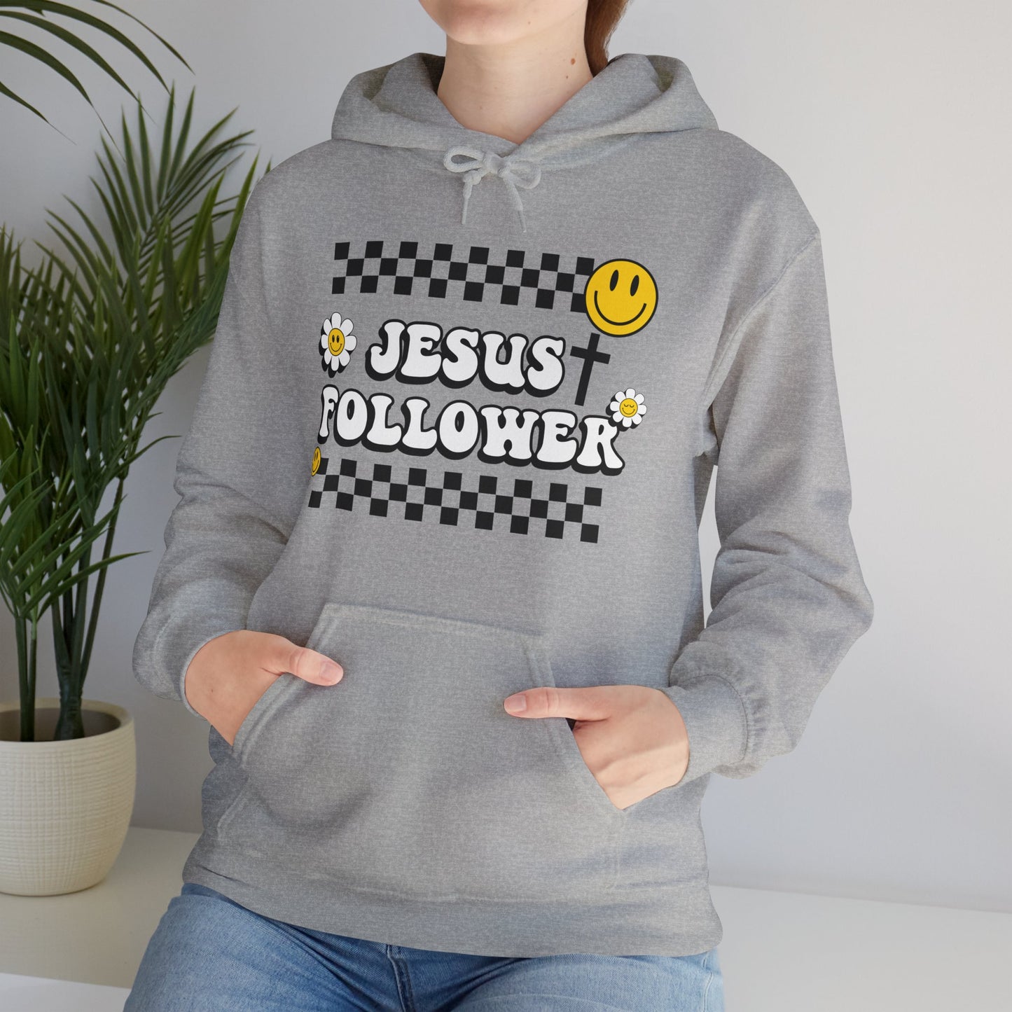 Jesus Follower Groovy Vibes Happy Face Hooded Sweatshirt - Christian Apparel, Retro Religious Clothing, Positive Graphic Hoodie