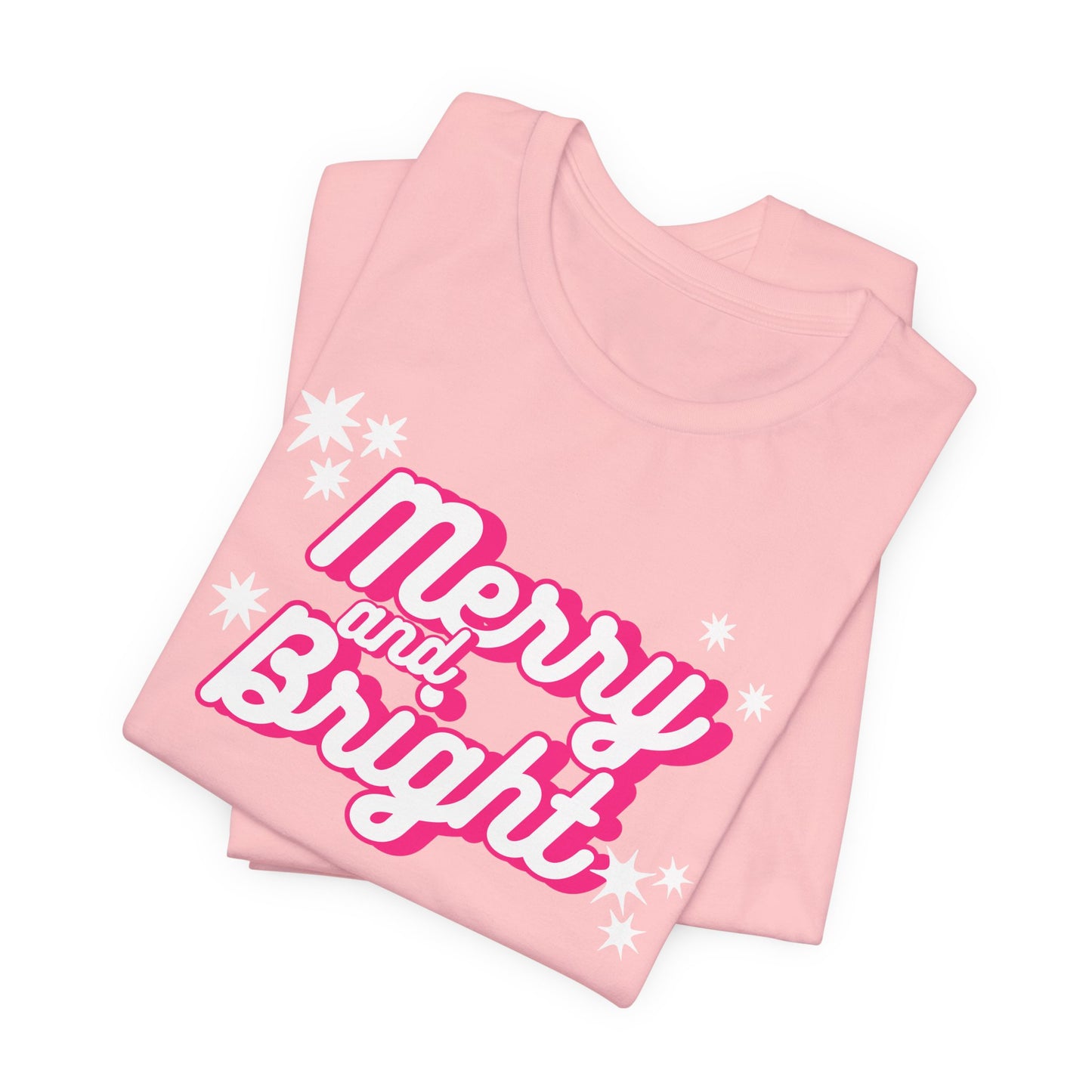 Pink Merry and Bright Groovy Christmas Shirt | Festive Holiday Apparel | Pink Retro Christmas Graphic Tee | Trendy Christmas T-Shirt