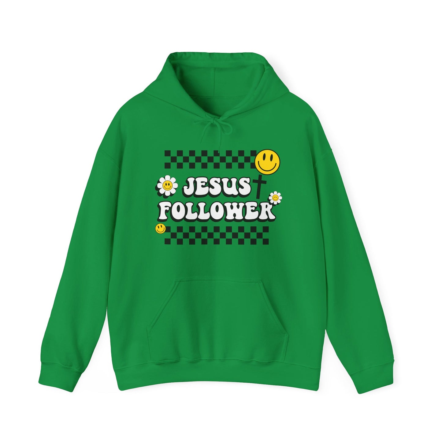 Jesus Follower Groovy Vibes Happy Face Hooded Sweatshirt - Christian Apparel, Retro Religious Clothing, Positive Graphic Hoodie