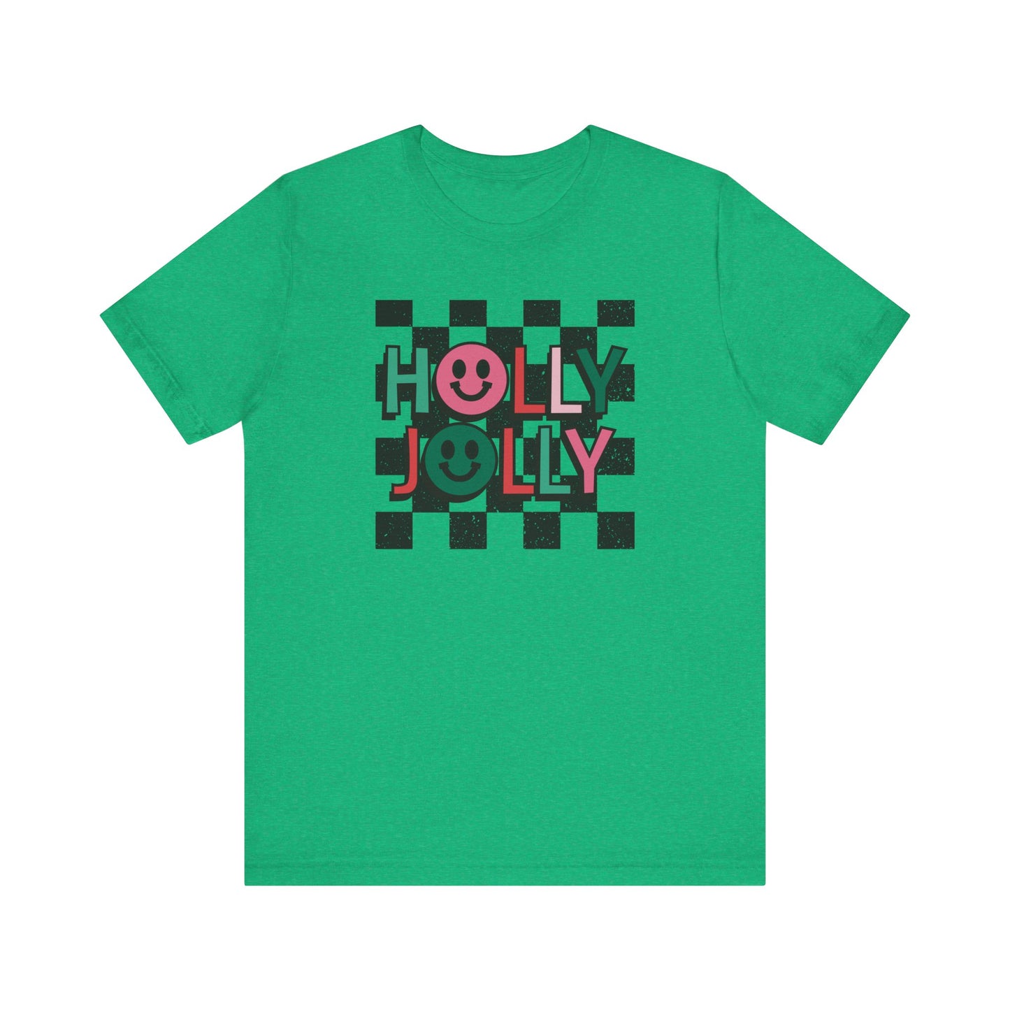 Holly Jolly Happy Face Holiday Short Sleeve Tee | Ladies Christmas Shirt Adult Christmas Shirts | Pink Christmas