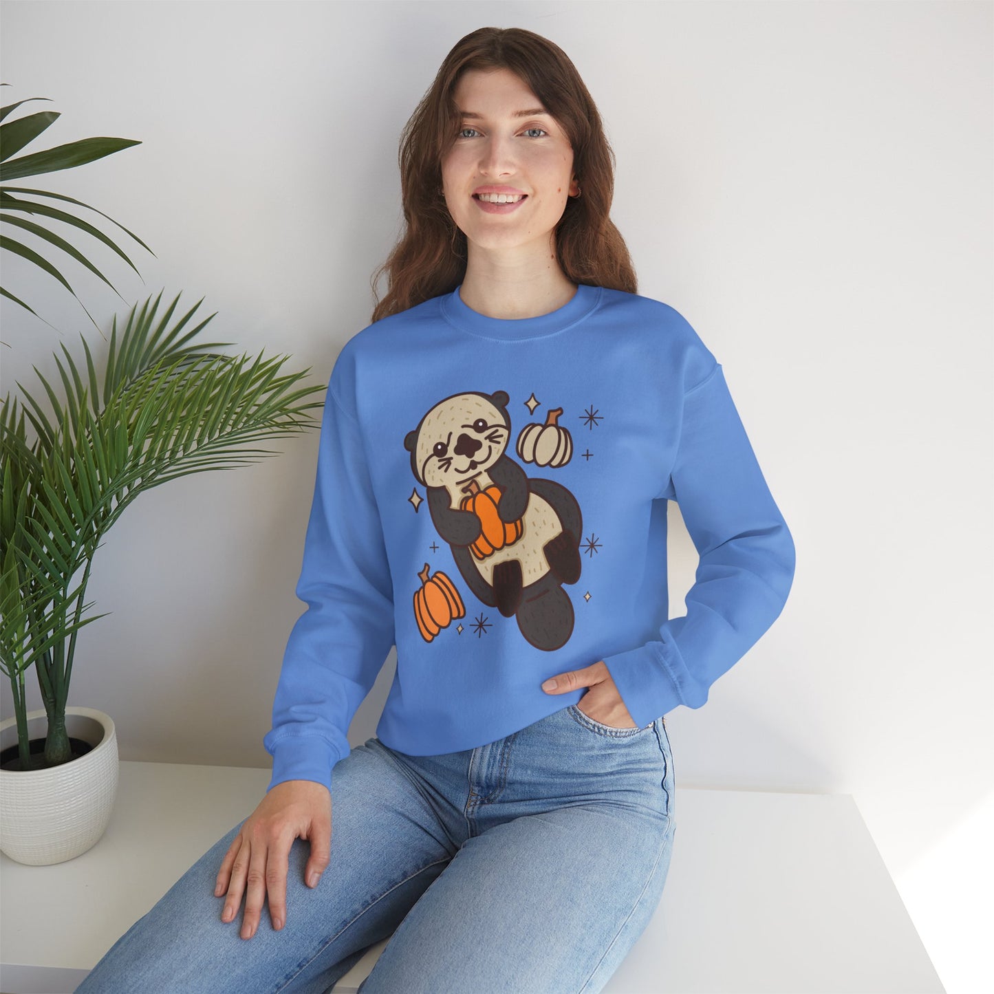 Sea Otter Pumpkin Spooky Season Pullover Sweatshirt | Pumpkin Crewneck Adult Unisex Fit Sweatshirt