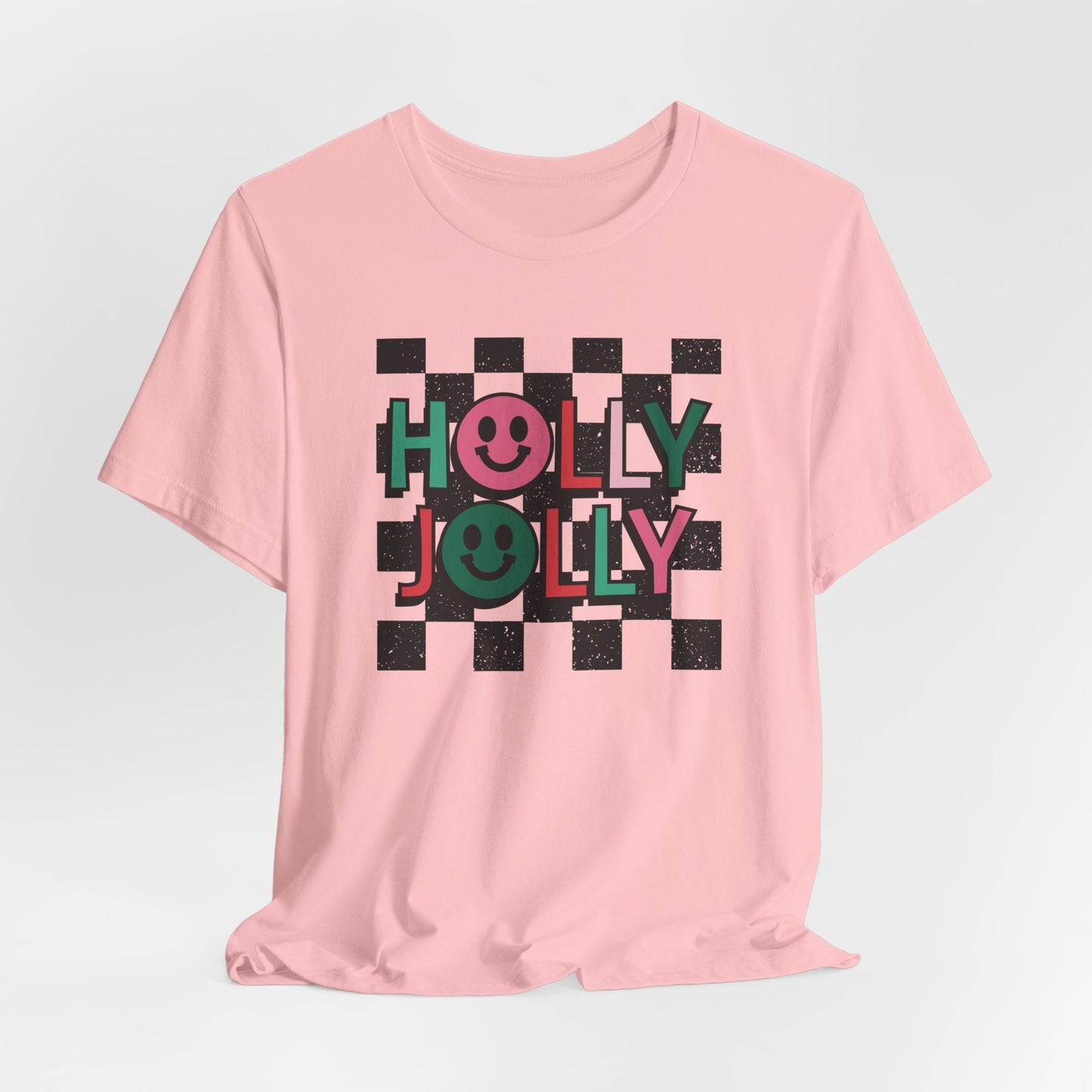 Holly Jolly Happy Face Holiday Short Sleeve Tee | Ladies Christmas Shirt Adult Christmas Shirts | Pink Christmas