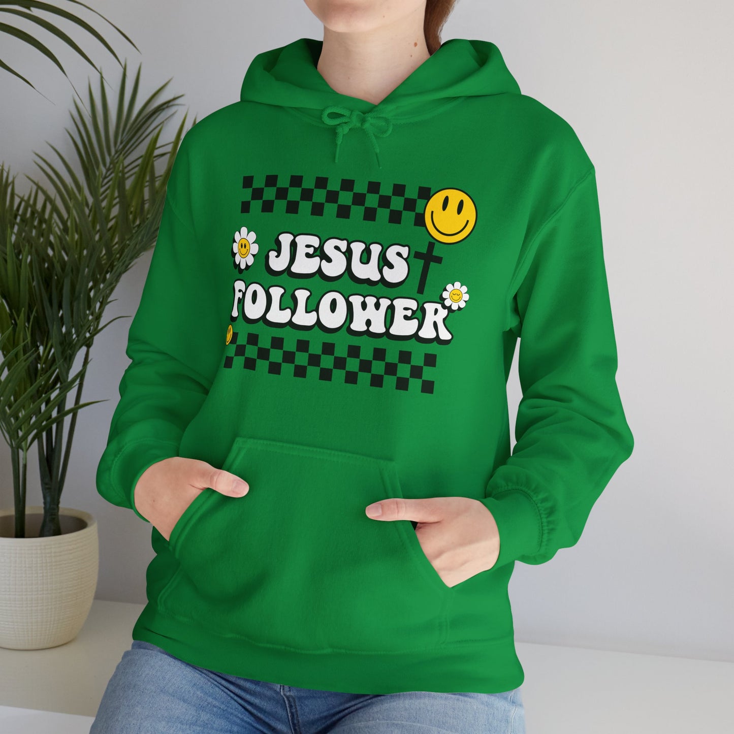 Jesus Follower Groovy Vibes Happy Face Hooded Sweatshirt - Christian Apparel, Retro Religious Clothing, Positive Graphic Hoodie