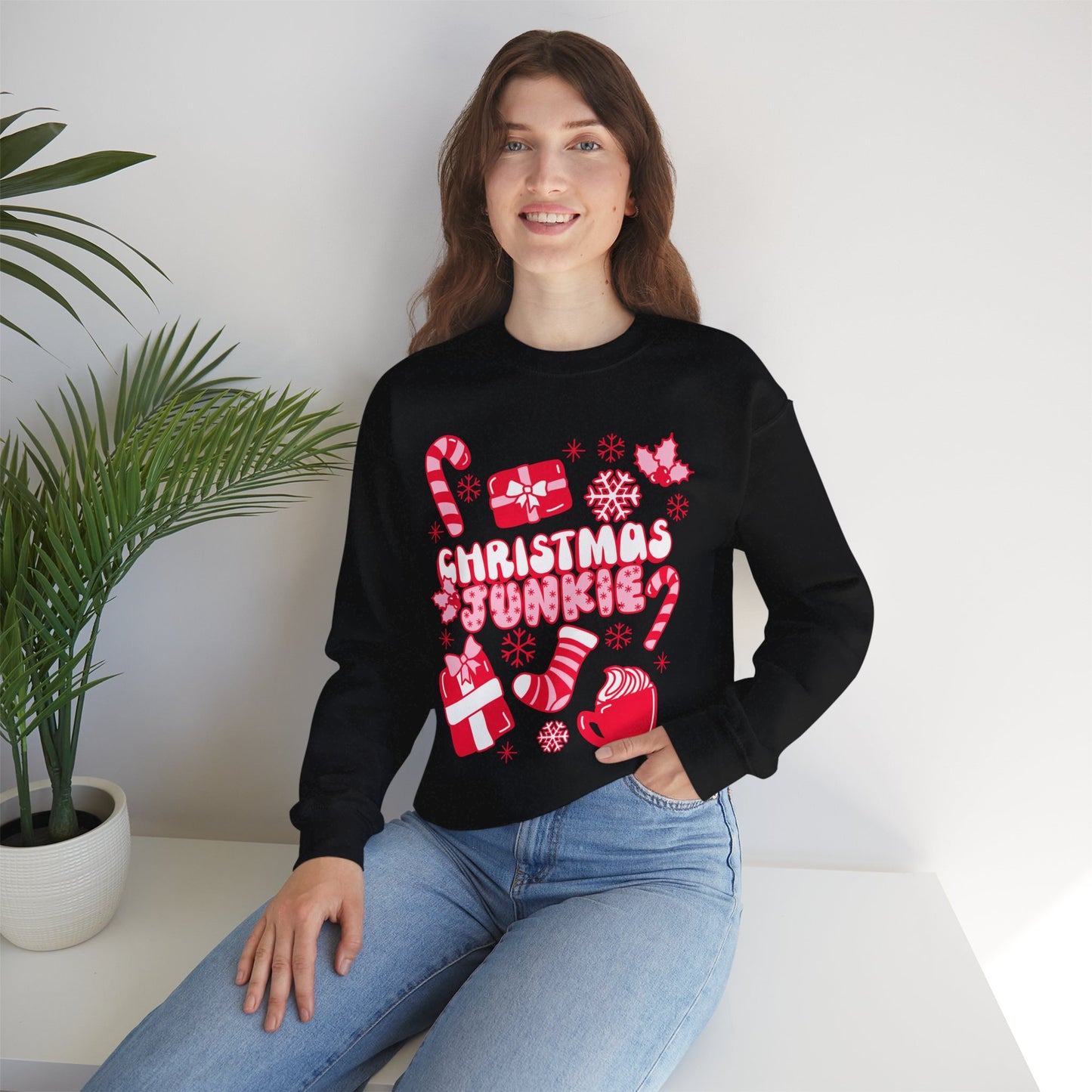 Christmas Junkie Women's Sweatshirt | Festive Holiday Apparel for Women | Christmas Lover Pullover | Pink Christmas | Holiday Party Sweater