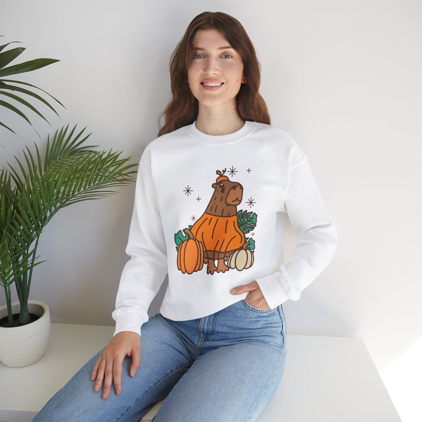 Capybara Pumpkin Spooky Season Pullover Sweatshirt | Pumpkin Crewneck Adult Unisex Fit Sweatshirt