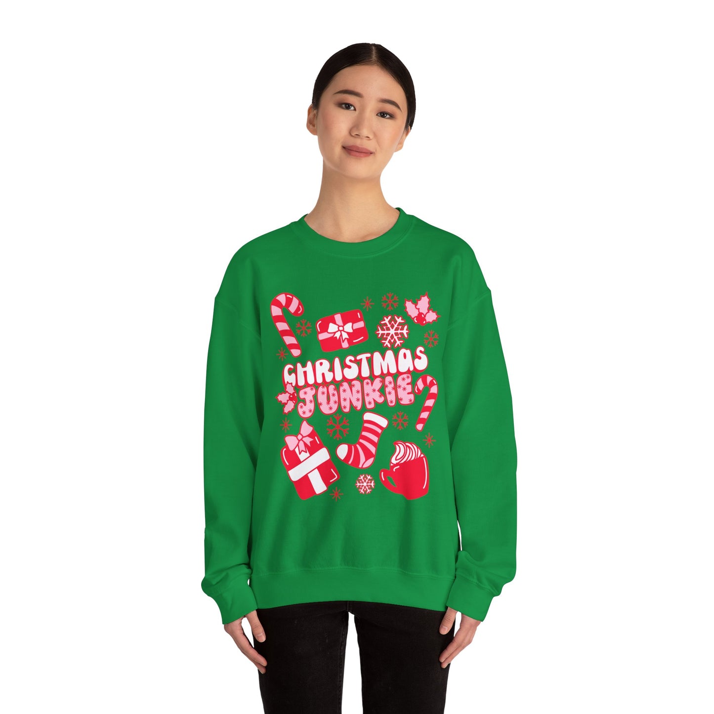 Christmas Junkie Women's Sweatshirt | Festive Holiday Apparel for Women | Christmas Lover Pullover | Pink Christmas | Holiday Party Sweater