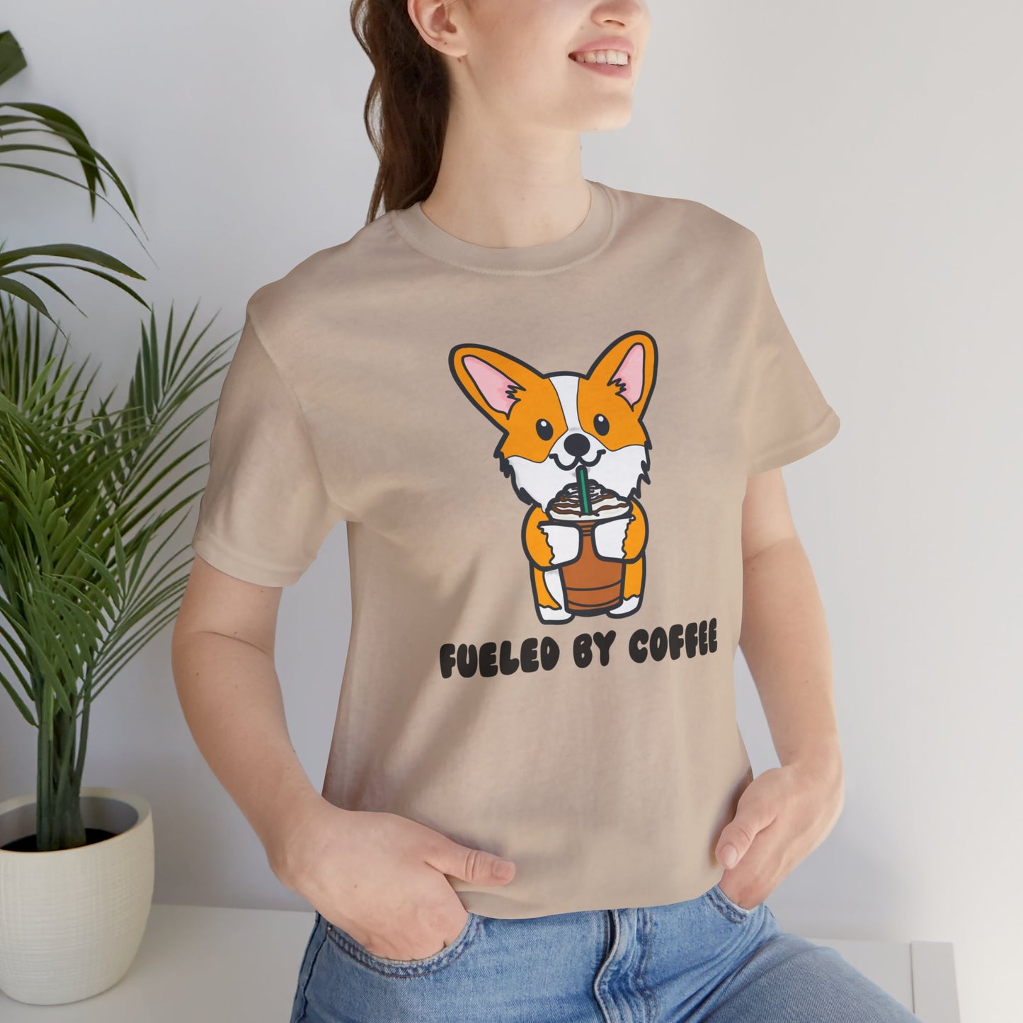 Fueled by Coffee Corgi Unisex Tee | Corgi Dog Ladies Top | Cute Corgi Iced Coffee Tee| Women's Coffee Lover Tee | Quirky Ladies Dog Tee