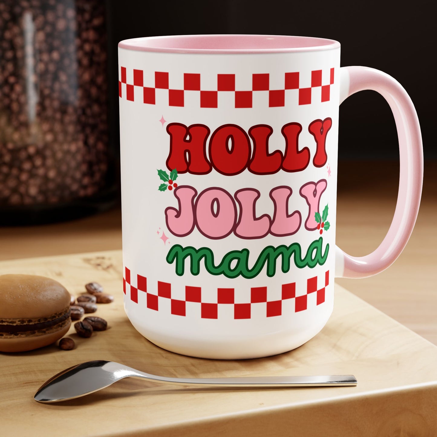 Holly Jolly Mama Christmas Coffee Mug | Retro Pink Christmas Mom Mug | Gifts for Mom | Mama Mug | Mom Drinkware | Motherhood Gifts