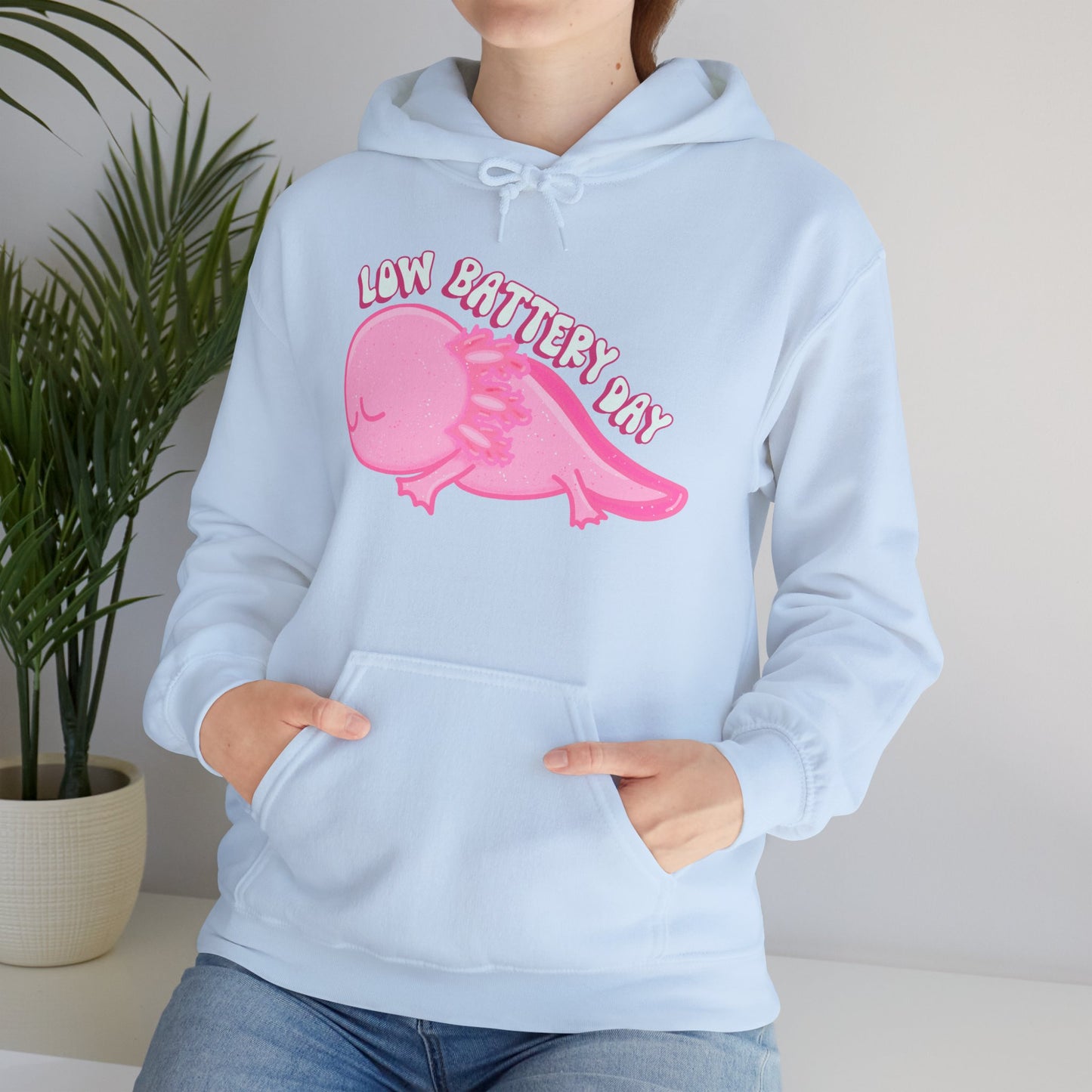 Low Battery Day Sleepy Axolotl Hoodie Sweatshirt - Cozy Hooded Pullover- Axolotl Lovers Gift - Lazy Day Attire"