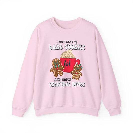 Cozy Christmas Movie Sweatshirt | Bake Cookies & Watch Movies Unisex Crewneck Sweatshirt | Gingerbead Pullover | Christmas Party Sweater