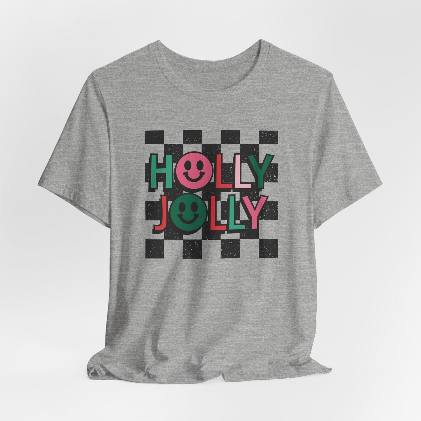 Holly Jolly Happy Face Holiday Short Sleeve Tee | Ladies Christmas Shirt Adult Christmas Shirts | Pink Christmas