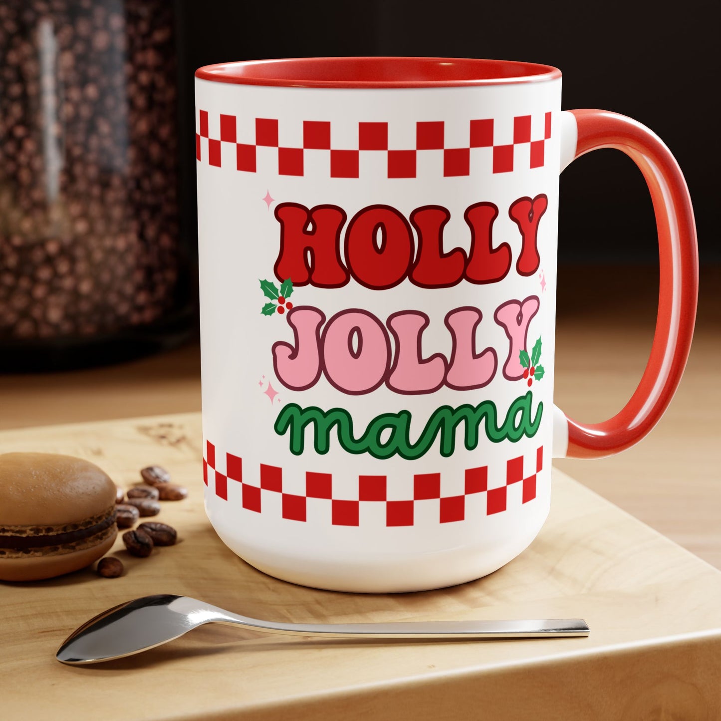 Holly Jolly Mama Christmas Coffee Mug | Retro Pink Christmas Mom Mug | Gifts for Mom | Mama Mug | Mom Drinkware | Motherhood Gifts