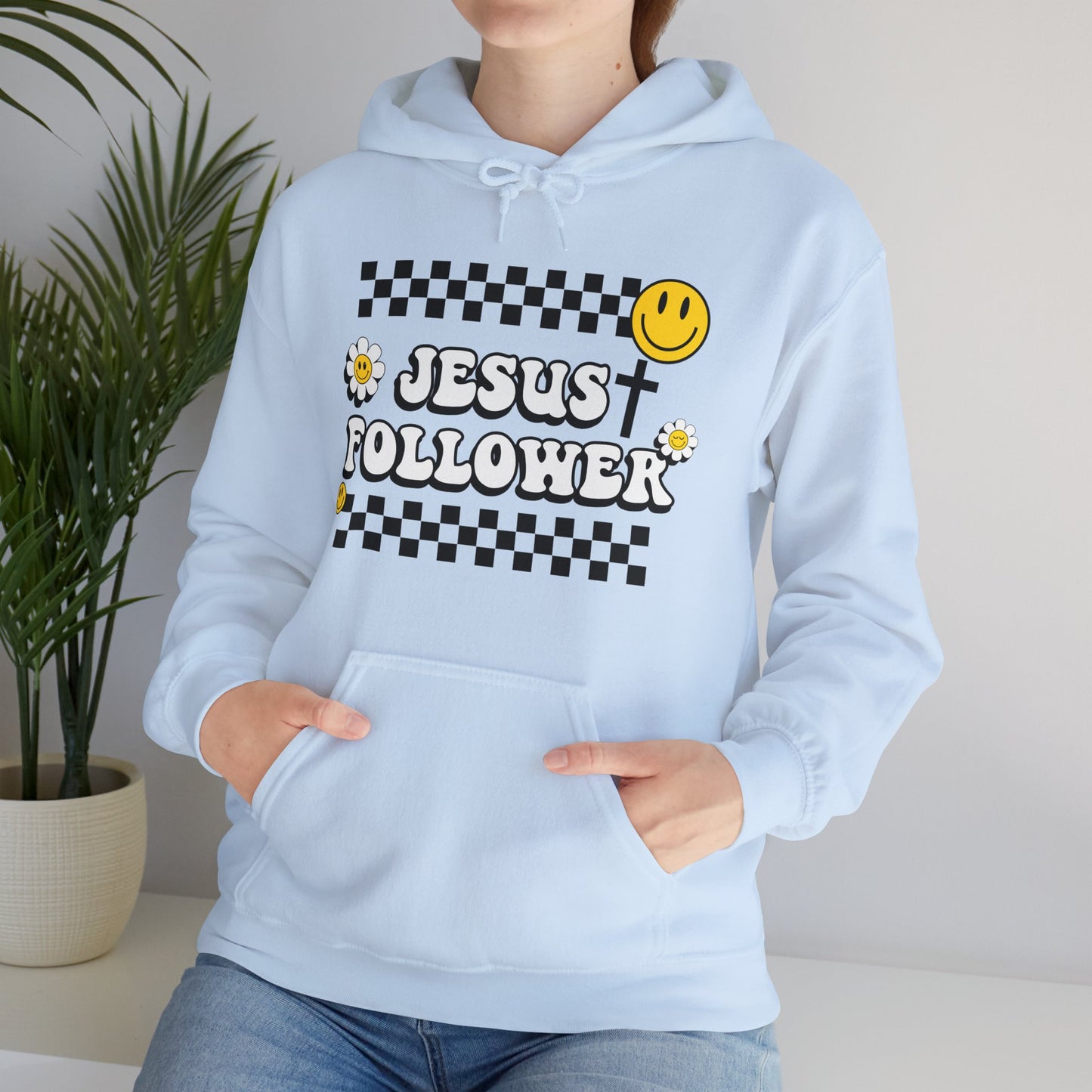 Jesus Follower Groovy Vibes Happy Face Hooded Sweatshirt - Christian Apparel, Retro Religious Clothing, Positive Graphic Hoodie