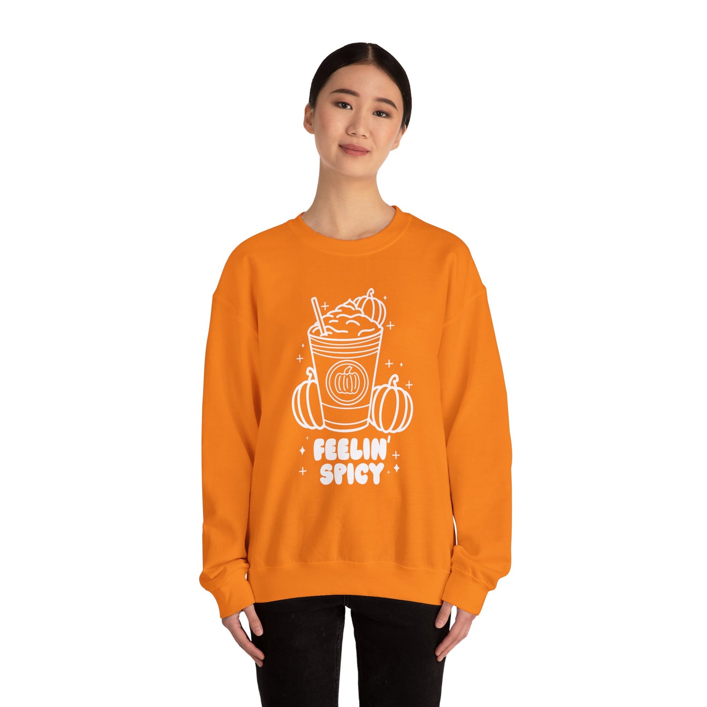 Feelin' Spicy PSL Spooky Season Pullover Sweatshirt | Pumpkin Spice Latte Crewneck Adult Unisex Fit Sweatshirt