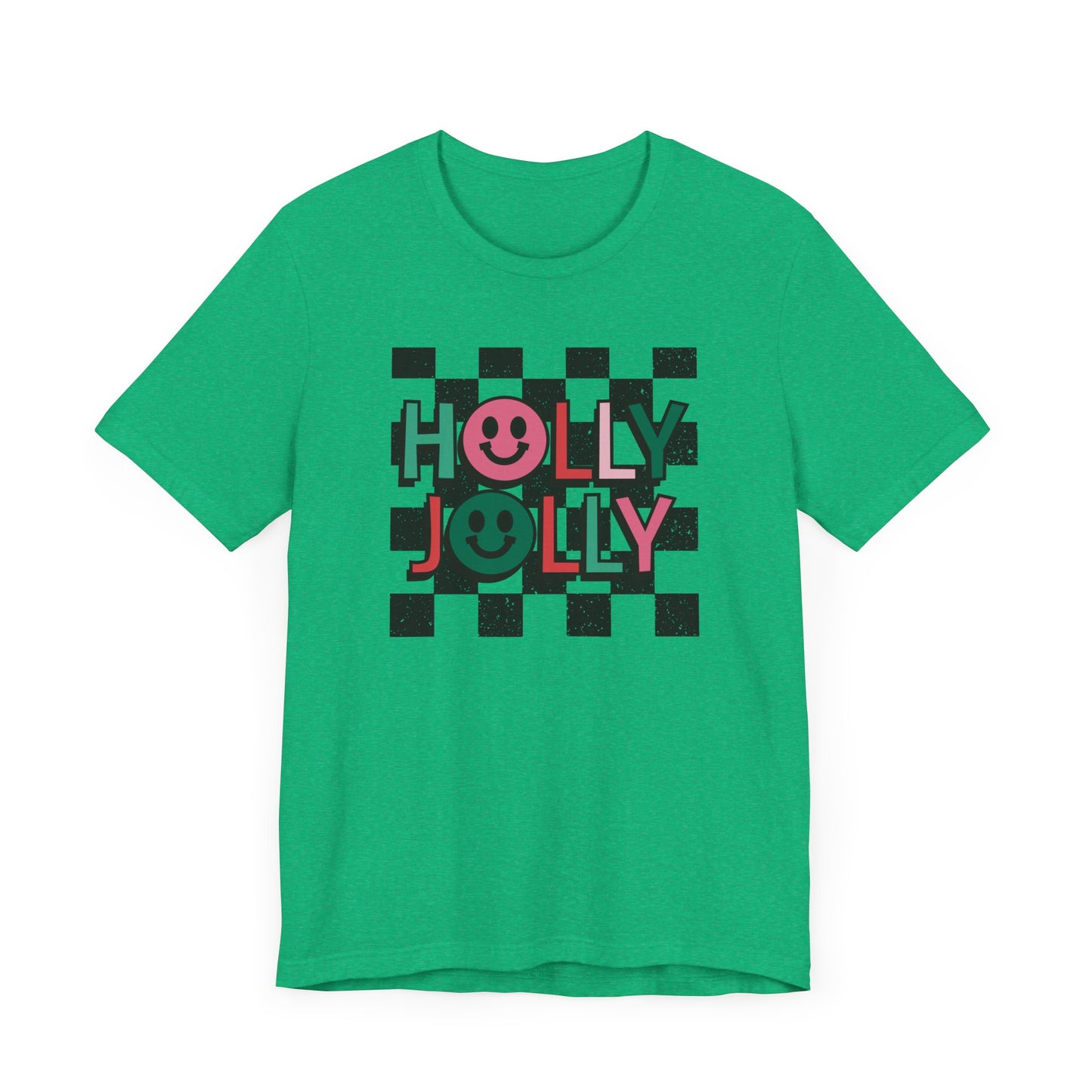 Holly Jolly Happy Face Holiday Short Sleeve Tee | Ladies Christmas Shirt Adult Christmas Shirts | Pink Christmas