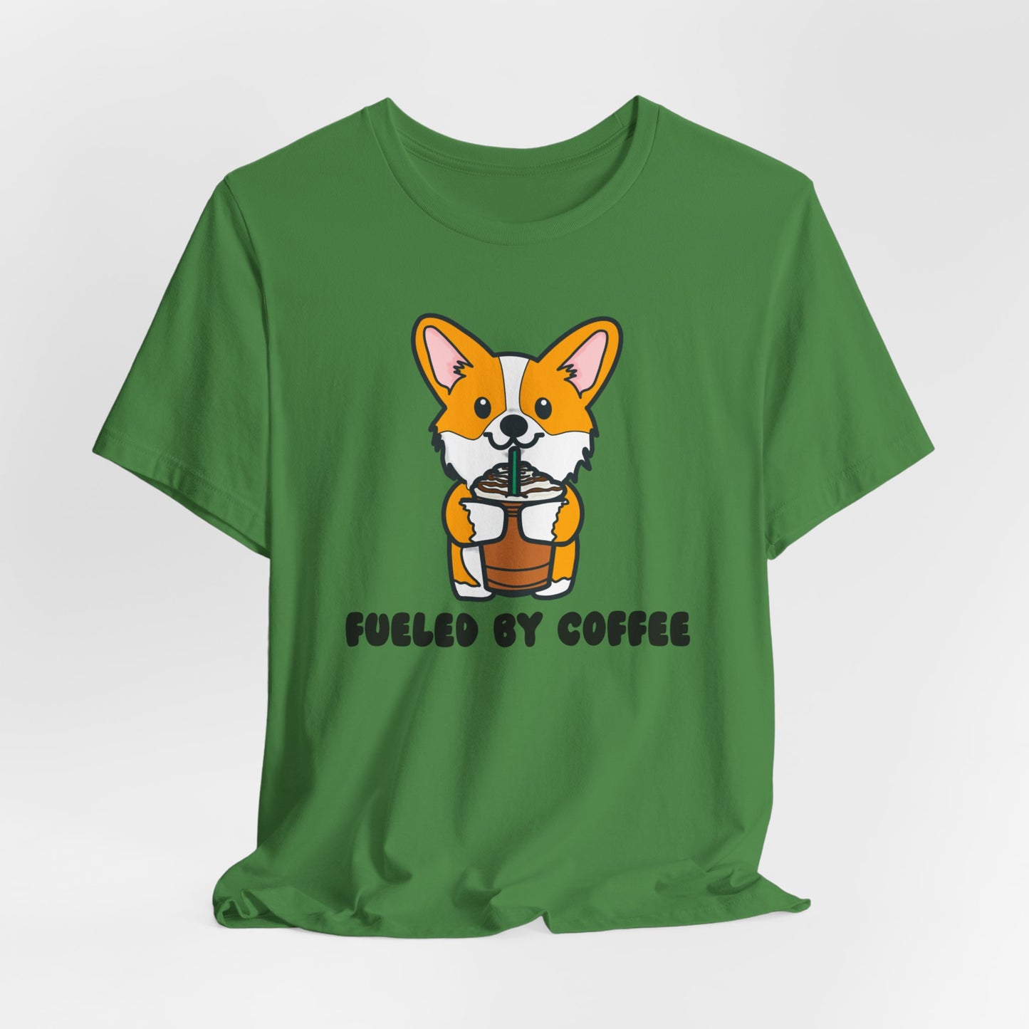 Fueled by Coffee Corgi Unisex Tee | Corgi Dog Ladies Top | Cute Corgi Iced Coffee Tee| Women's Coffee Lover Tee | Quirky Ladies Dog Tee