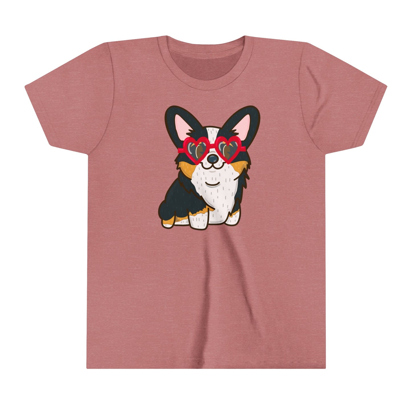 Black Corgi Heart Sunglasses Youth Graphic Tee | Cute Dog Lover Shirt | Kids' Casual Wear | Pet-Themed Children's Tee