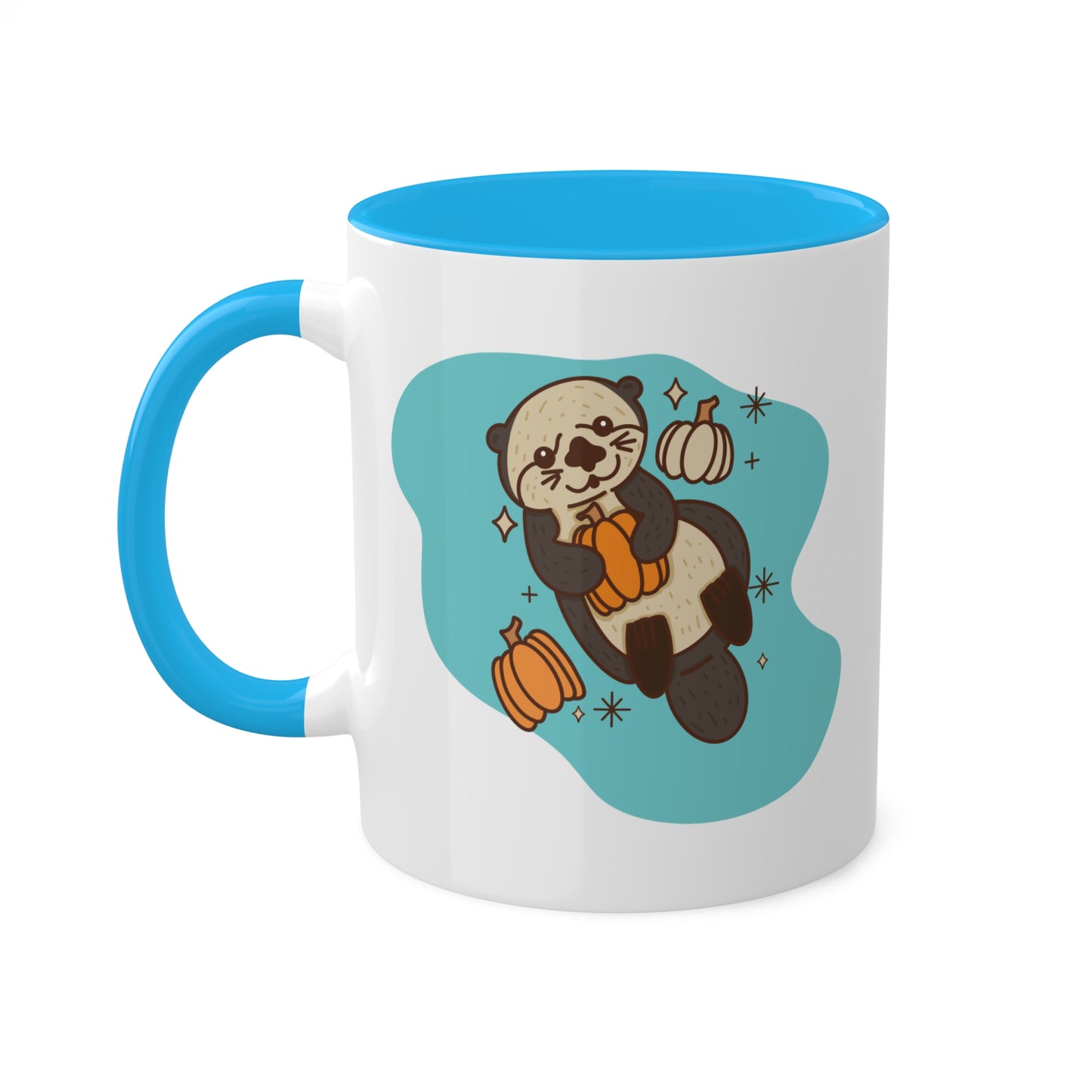 Sea Otter Pumpkin Fall Spooky Season Coffee Mug with color inside and color handles