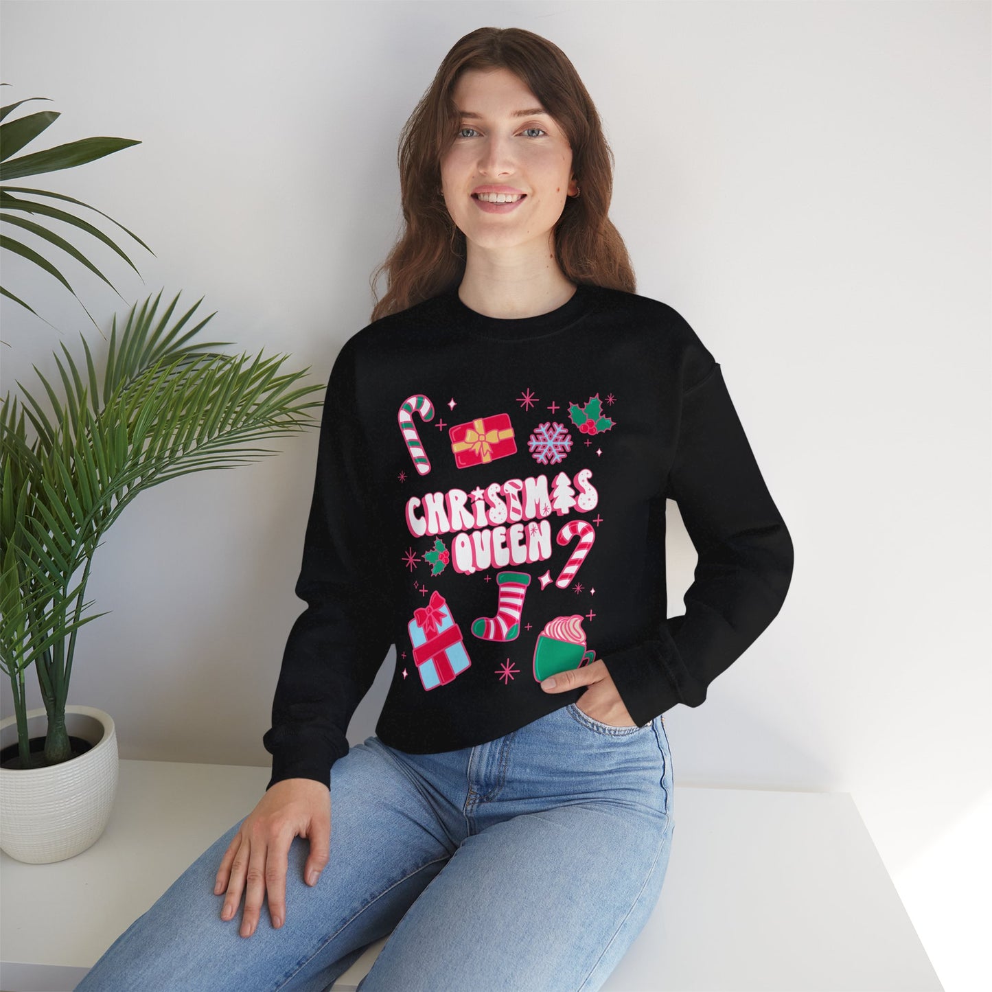 Christmas Queen Festive Sweatshirt | Holiday Season Xmas Sweater | Women's Winter Fashion | Holiday Party Apparel | Pink Christmas Sweater