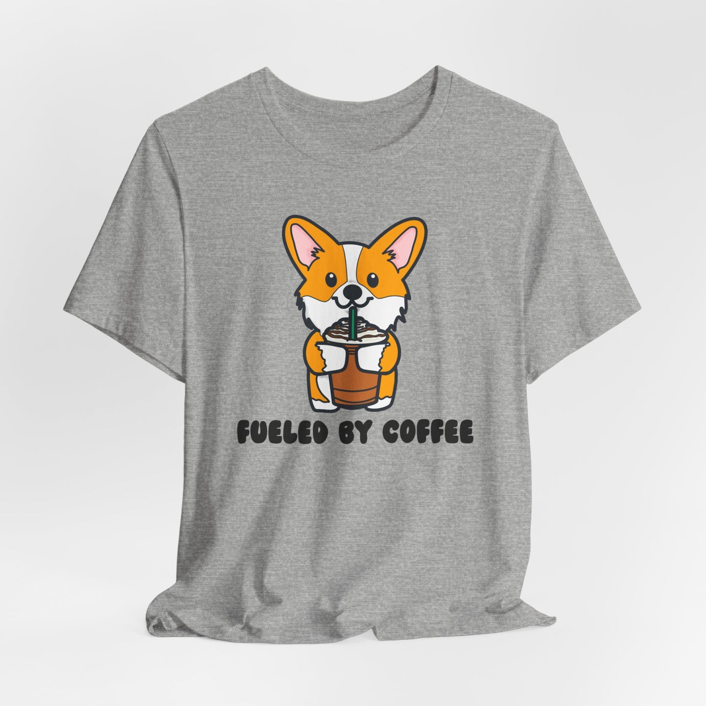 Fueled by Coffee Corgi Unisex Tee | Corgi Dog Ladies Top | Cute Corgi Iced Coffee Tee| Women's Coffee Lover Tee | Quirky Ladies Dog Tee