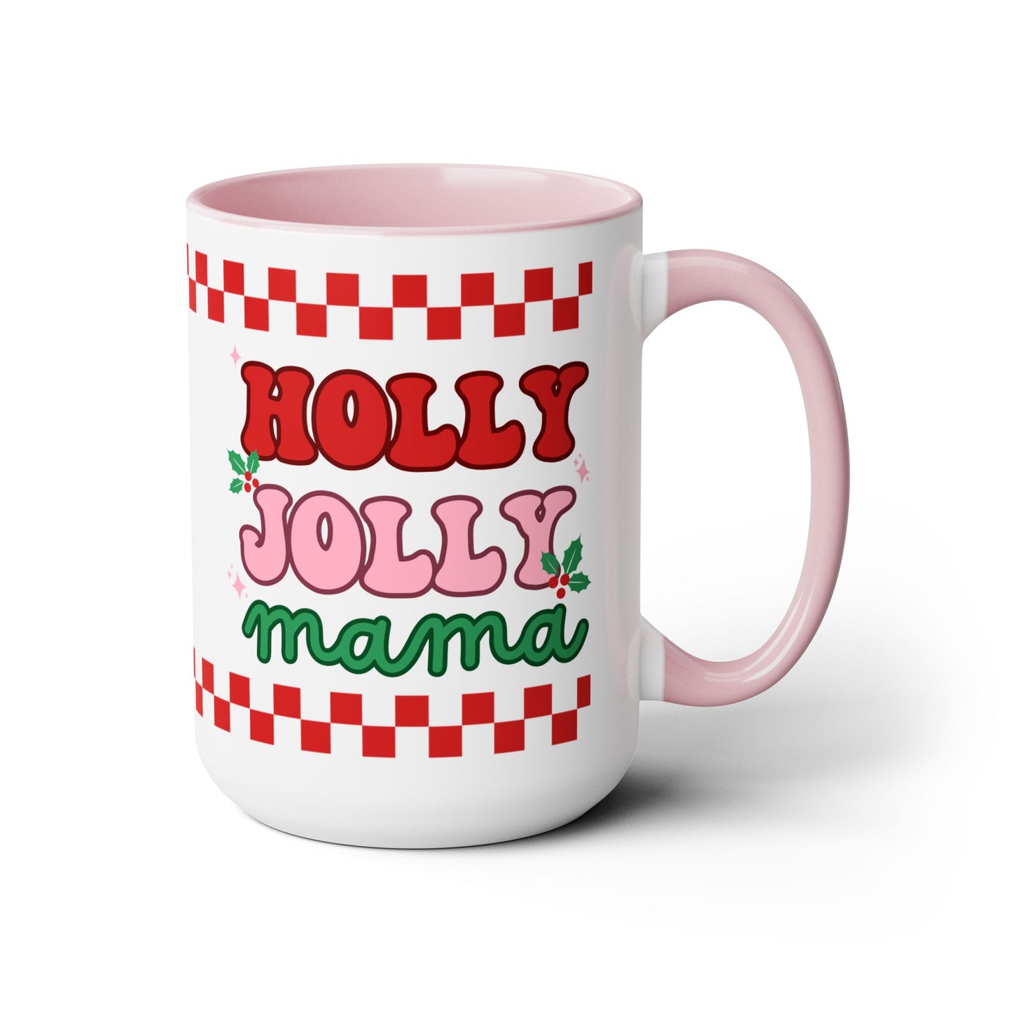 Holly Jolly Mama Christmas Coffee Mug | Retro Pink Christmas Mom Mug | Gifts for Mom | Mama Mug | Mom Drinkware | Motherhood Gifts