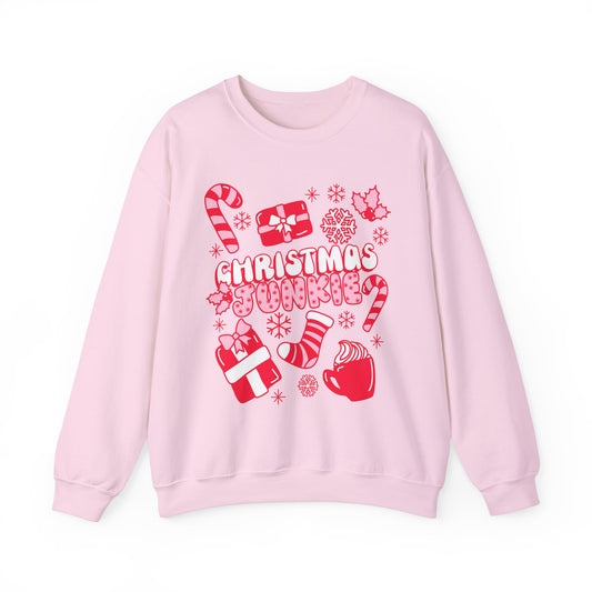 Christmas Junkie Women's Sweatshirt | Festive Holiday Apparel for Women | Christmas Lover Pullover | Pink Christmas | Holiday Party Sweater