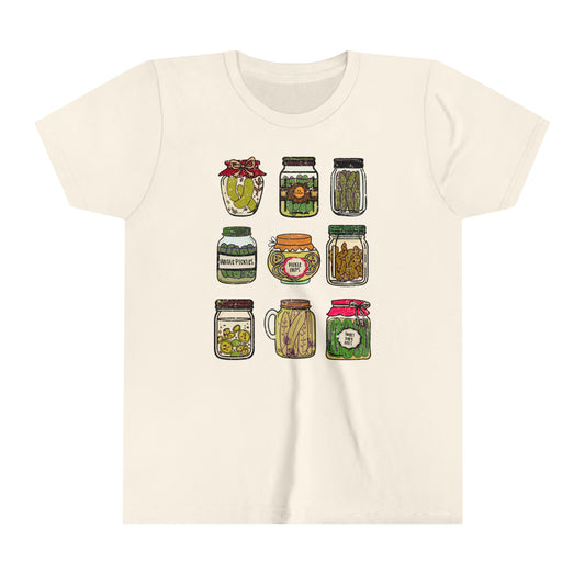 Pickle Lover's Graphic Kids Size Tee | Assorted Pickle Jar Design Youth Tee | Foodie Shirt for Pickle Enthusiasts | Pickle Gifts