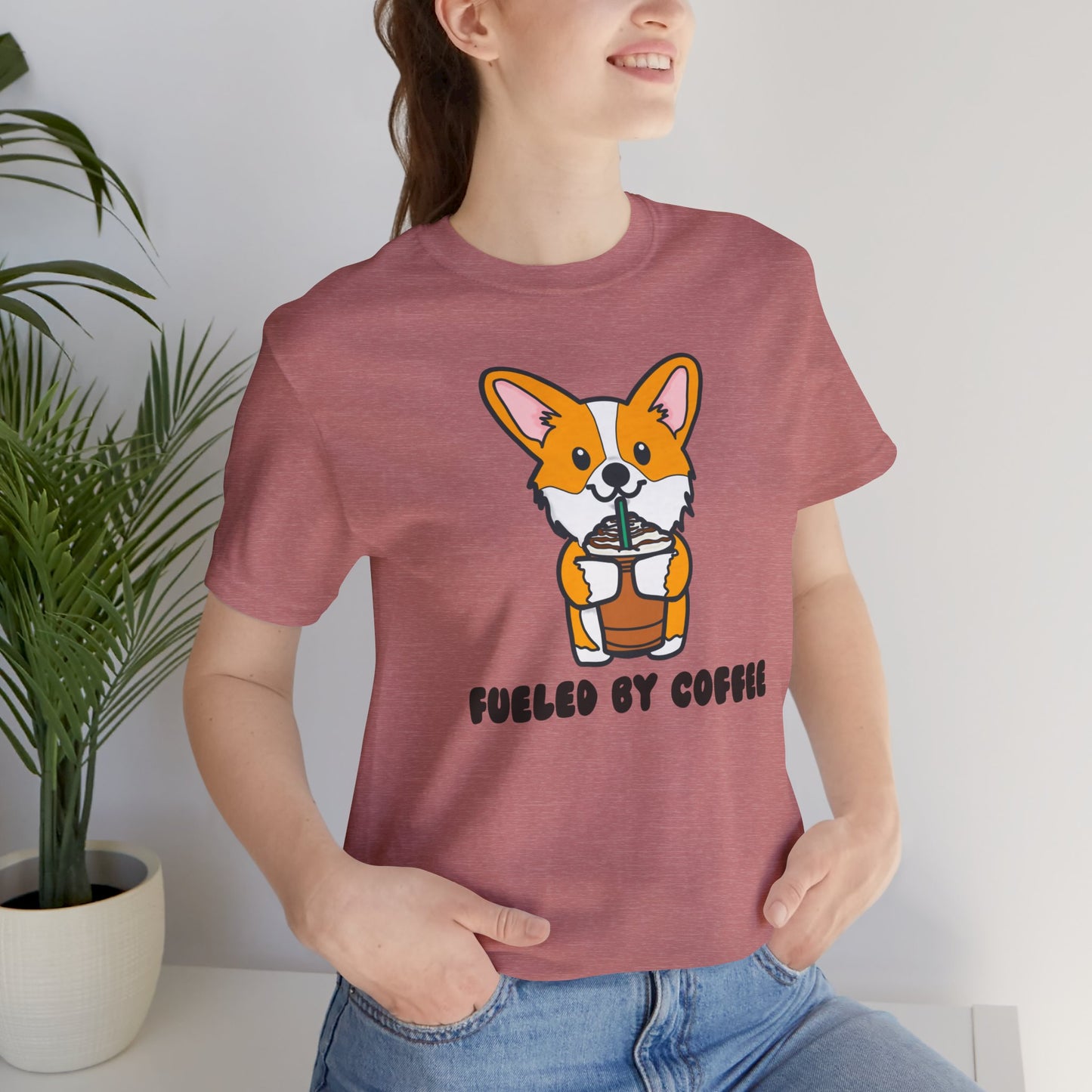 Fueled by Coffee Corgi Unisex Tee | Corgi Dog Ladies Top | Cute Corgi Iced Coffee Tee| Women's Coffee Lover Tee | Quirky Ladies Dog Tee