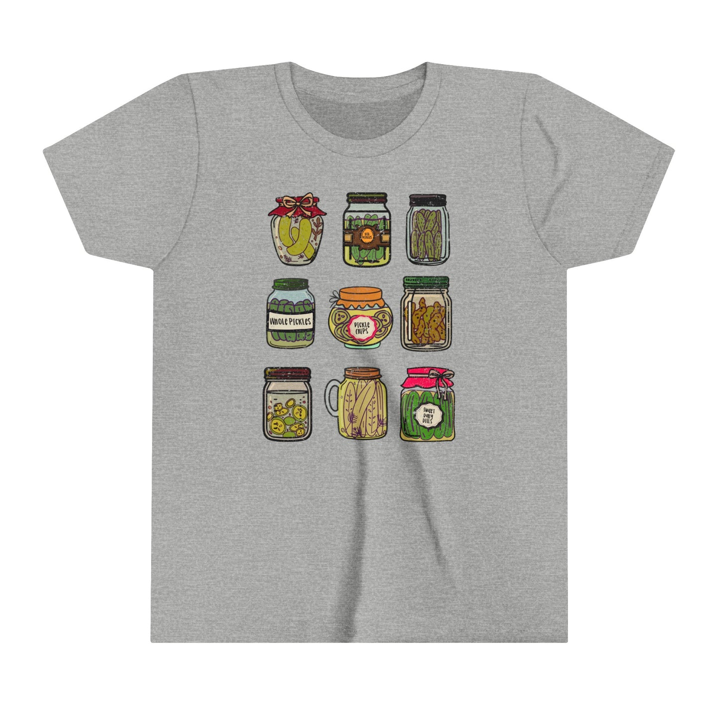 Pickle Lover's Graphic Kids Size Tee | Assorted Pickle Jar Design Youth Tee | Foodie Shirt for Pickle Enthusiasts | Pickle Gifts