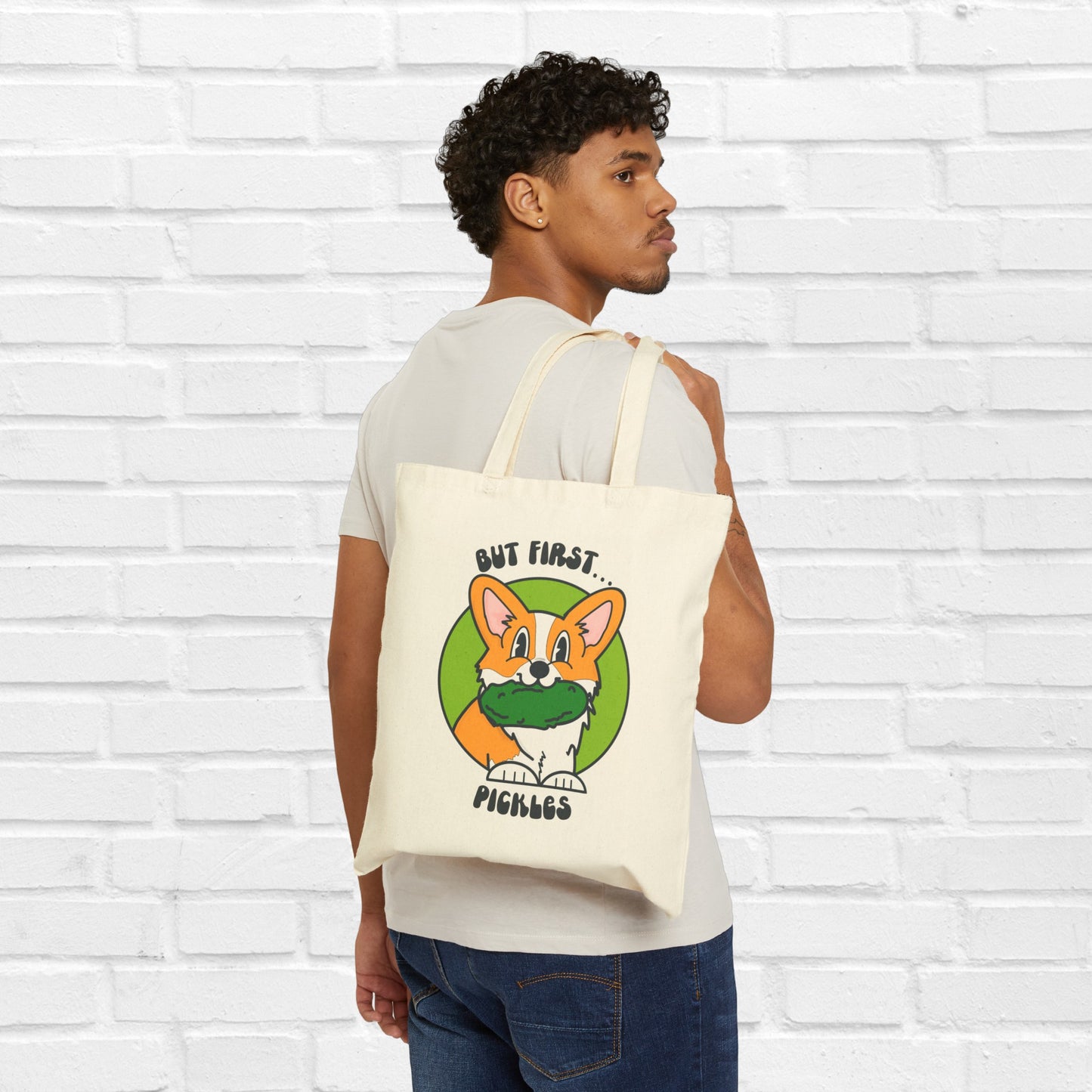 Corgi & Pickles Canvas Tote Bag | But First, Pickles Eco-Friendly Tote Bag for Pickle Lovers | Cotton Reusable Tote Bag | Pickle Gifts